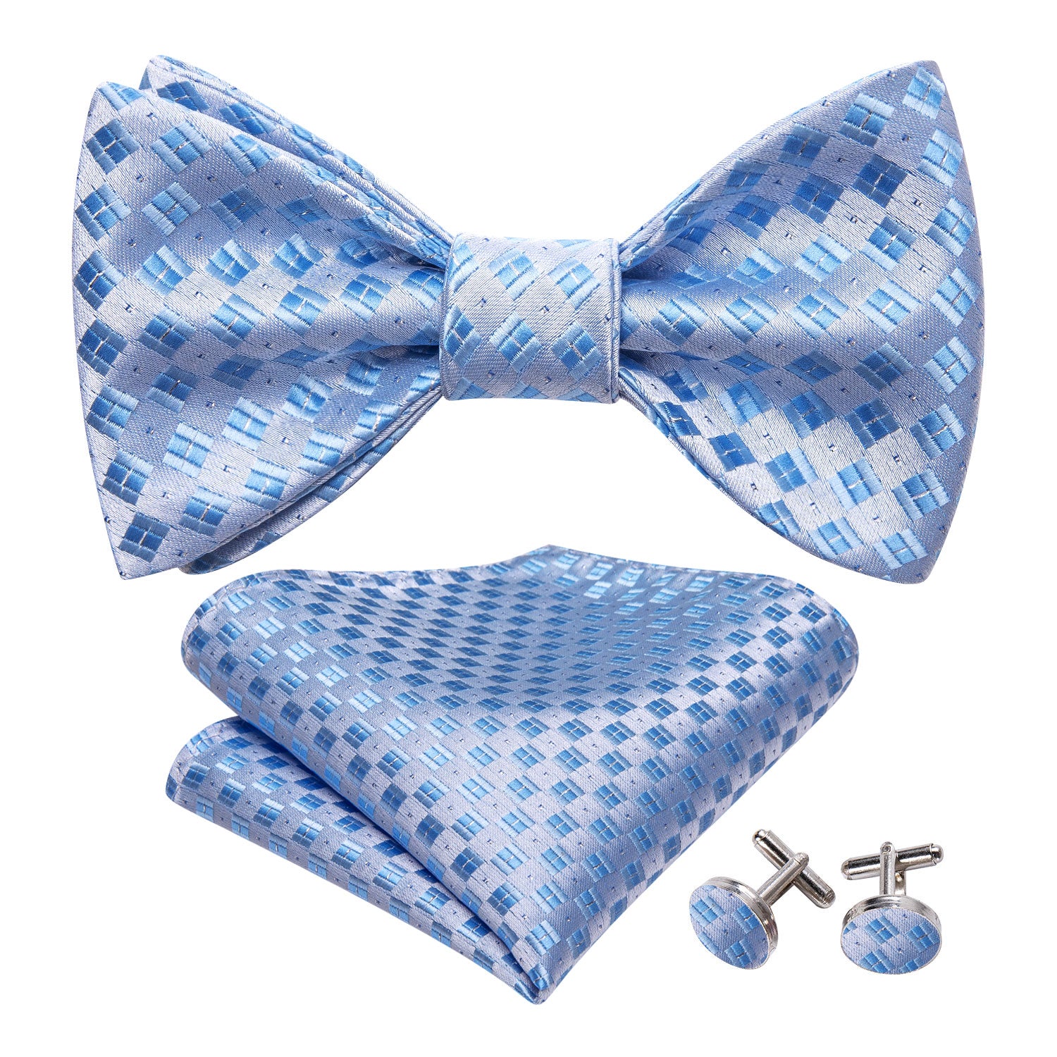 Blue White Plaid Silk Bow Tie Hanky Cufflinks Set