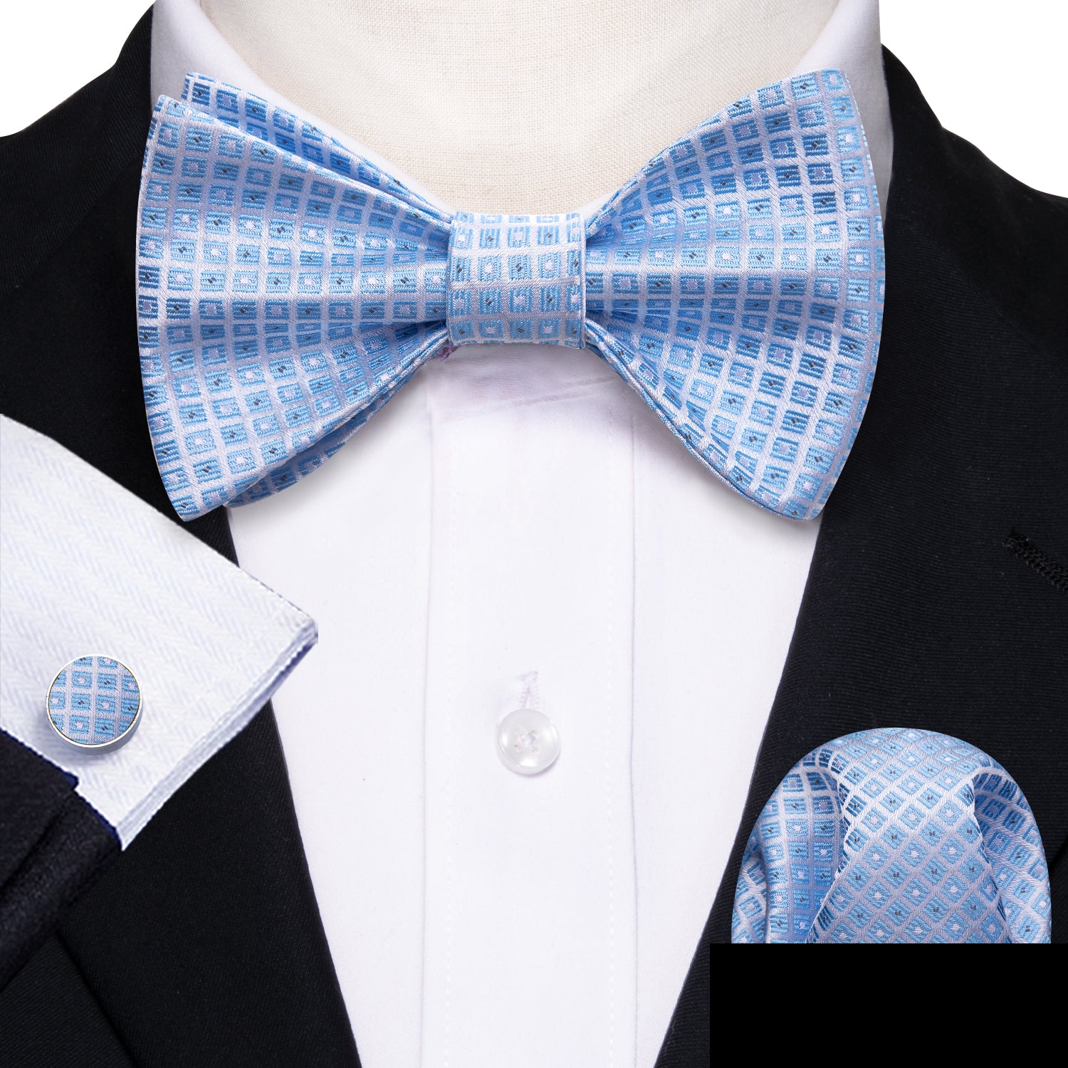 Blue Grey Plaid Silk Bow Tie Hanky Cufflinks Set