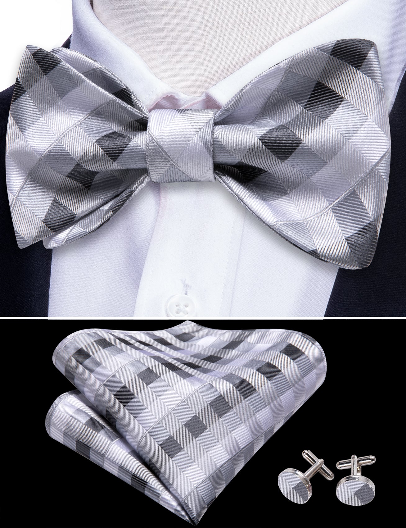 Grey White Plaid Self Tie Bow Tie Hanky Cufflinks Set