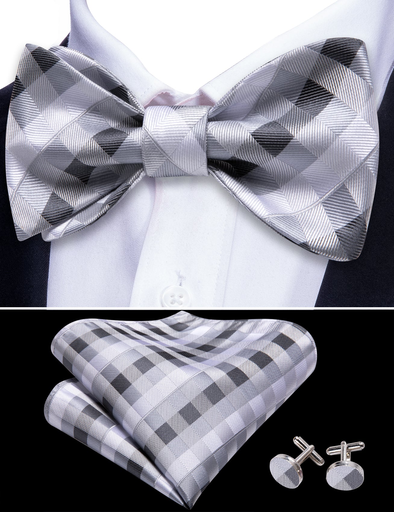 Grey White Plaid Self Tie Bow Tie Hanky Cufflinks Set