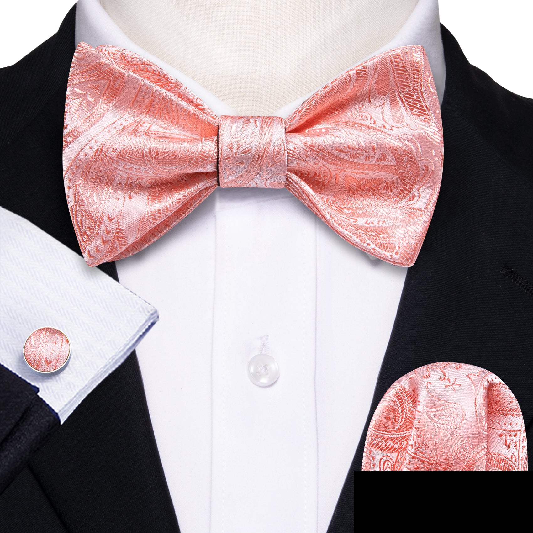 Pink Paisley Self Tie Bow Tie Hanky Cufflinks Set