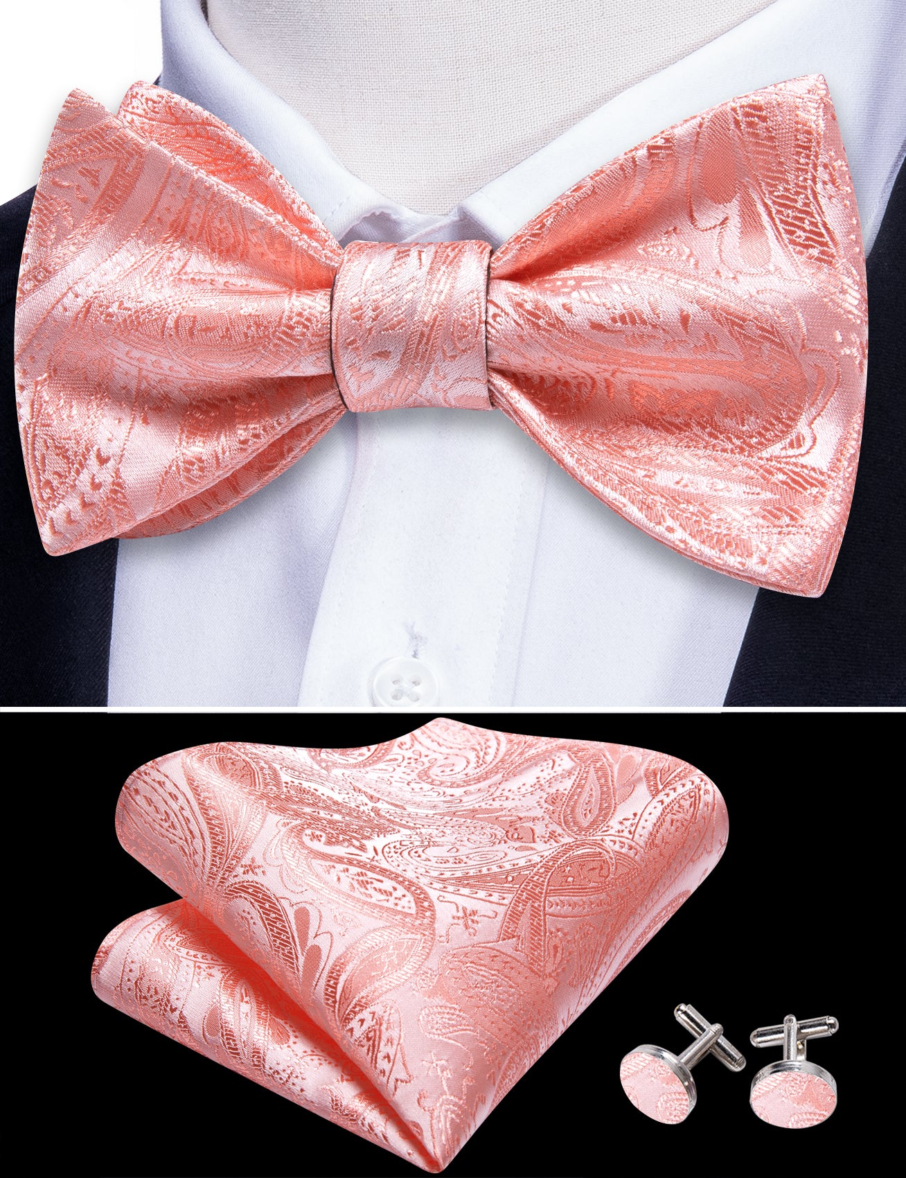 Pink Paisley Self Tie Bow Tie Hanky Cufflinks Set