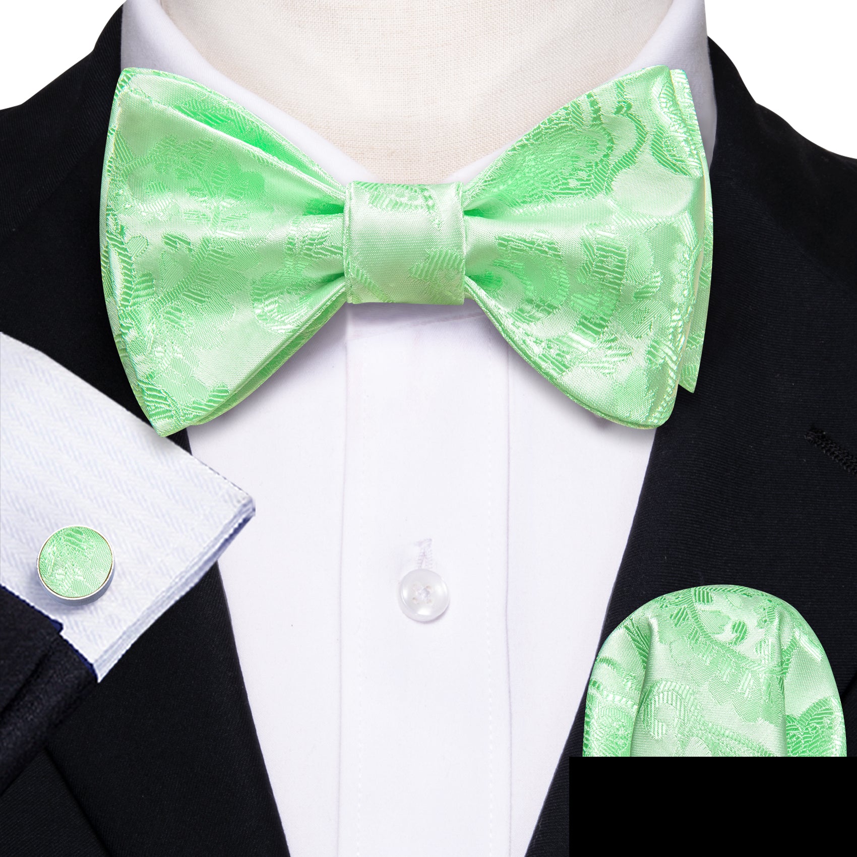 Turquoise Green Paisley Self Tie Bow Tie Hanky Cufflinks Set