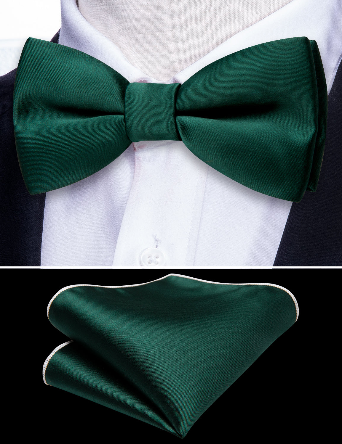 Children Green Solid Bow Tie Pocket Square Set