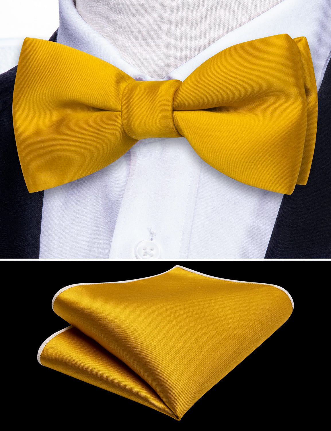 Golden Yellow Solid Bow Tie Pocket Square Set For Kids