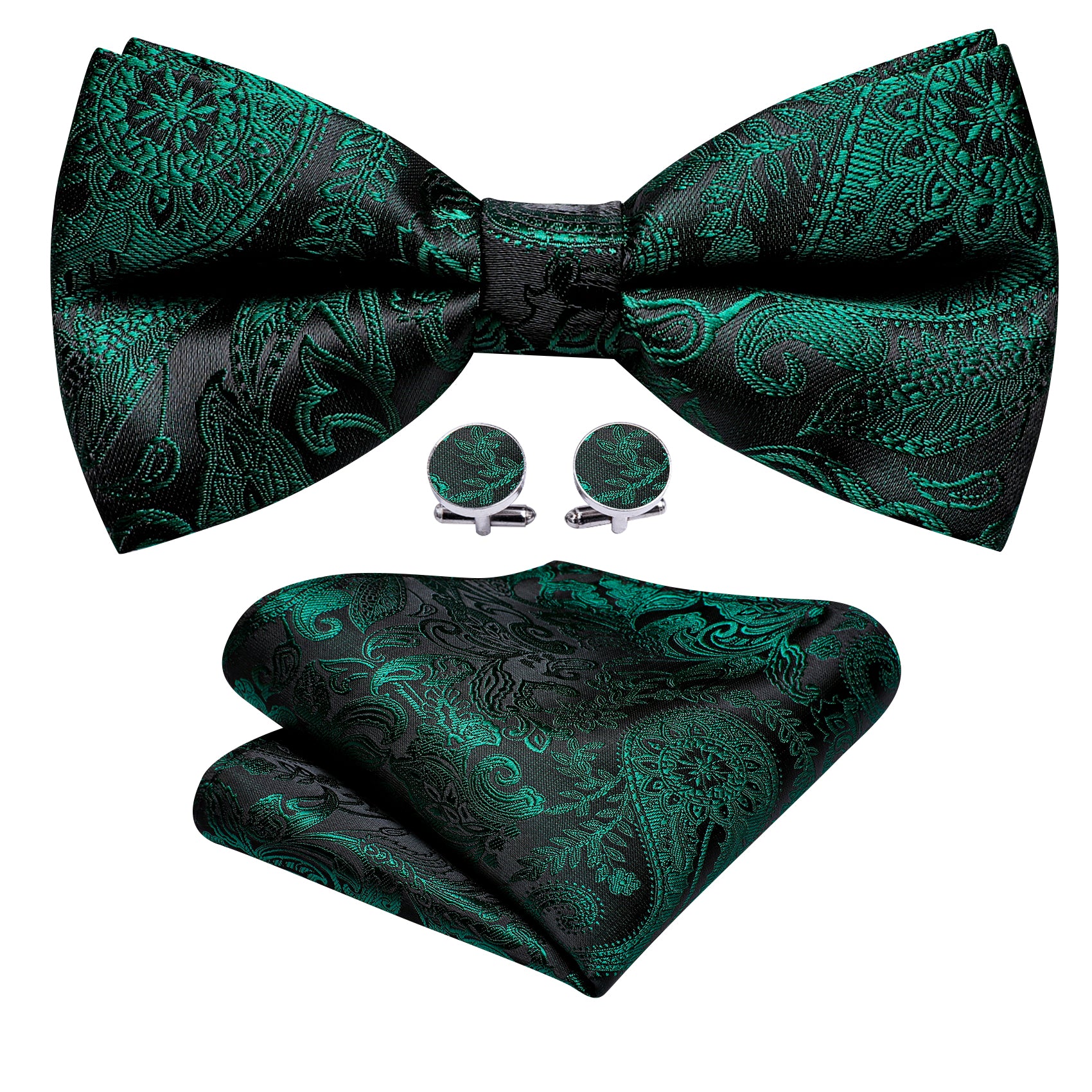 Green Black Paisley Bow Tie Hanky Cufflinks Set