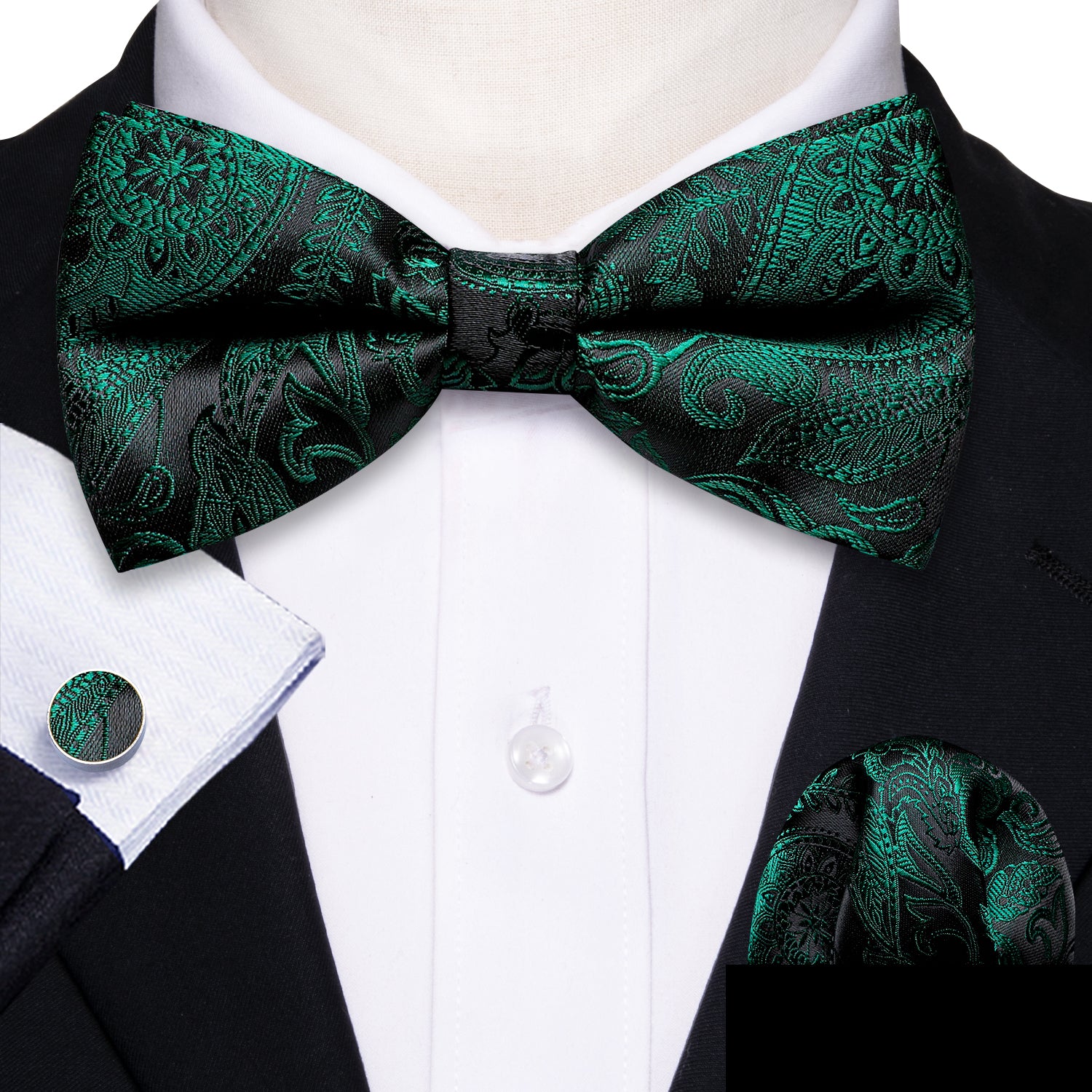Green Black Paisley Bow Tie Hanky Cufflinks Set