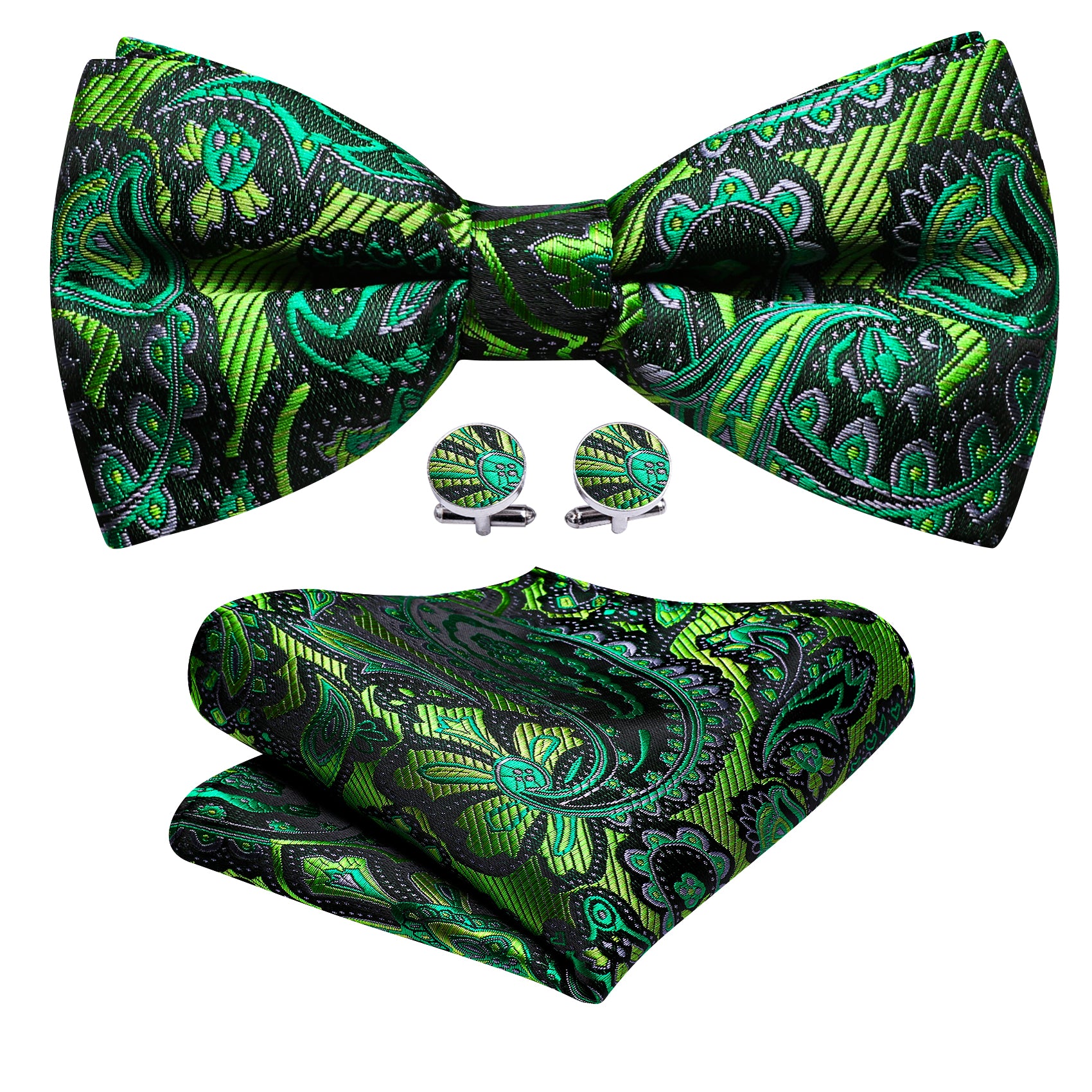 Green Paisley Bow Tie Hanky Cufflinks Set