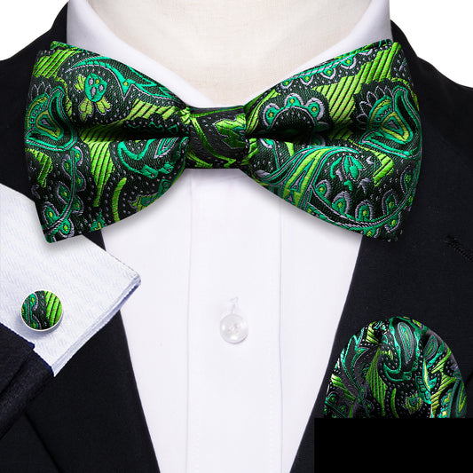 Barry. Wang Emerald Green Bow Tie Paisley Jacquard Men's Bow Tie for Formal Pocket Square Cufflinks Set