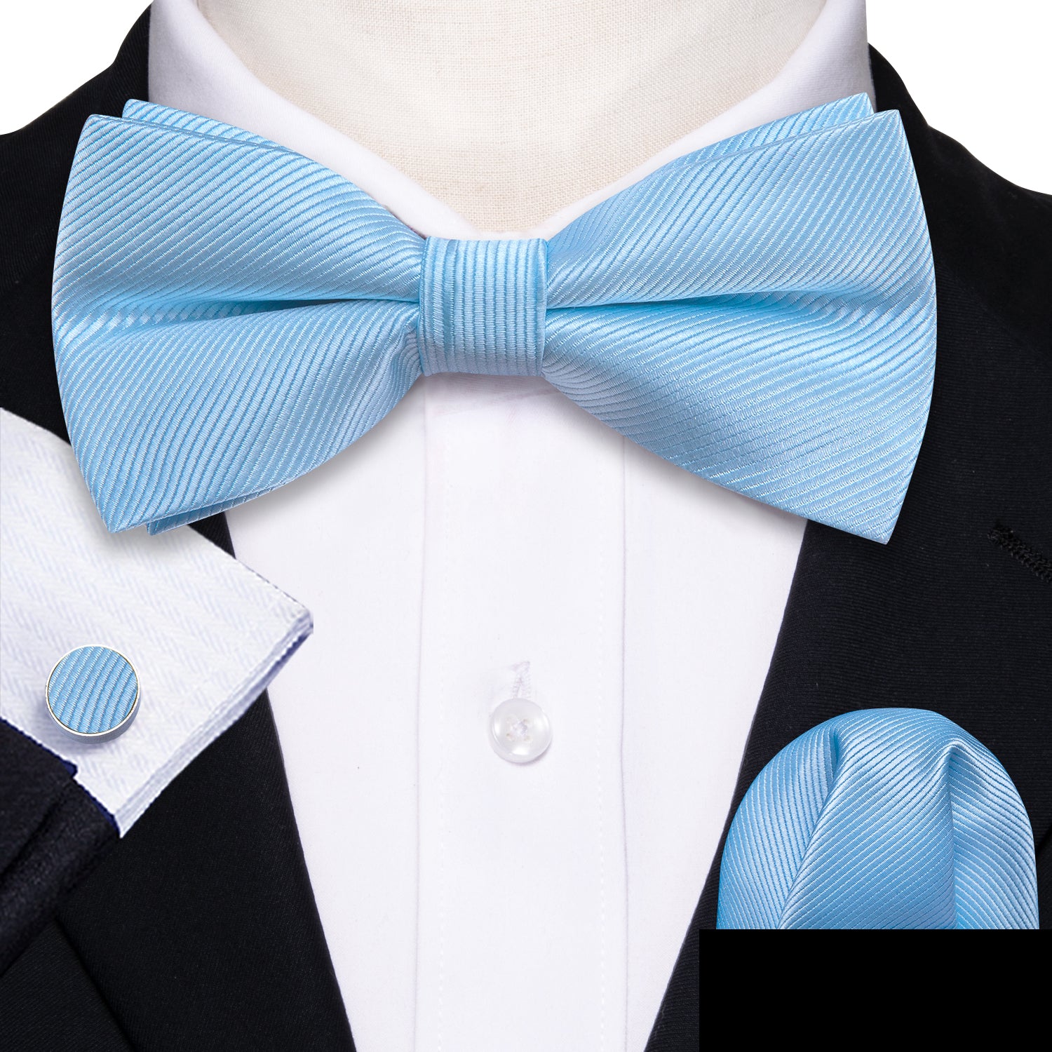 Blue Solid Pre-tied Bow Tie Hanky Cufflinks Set