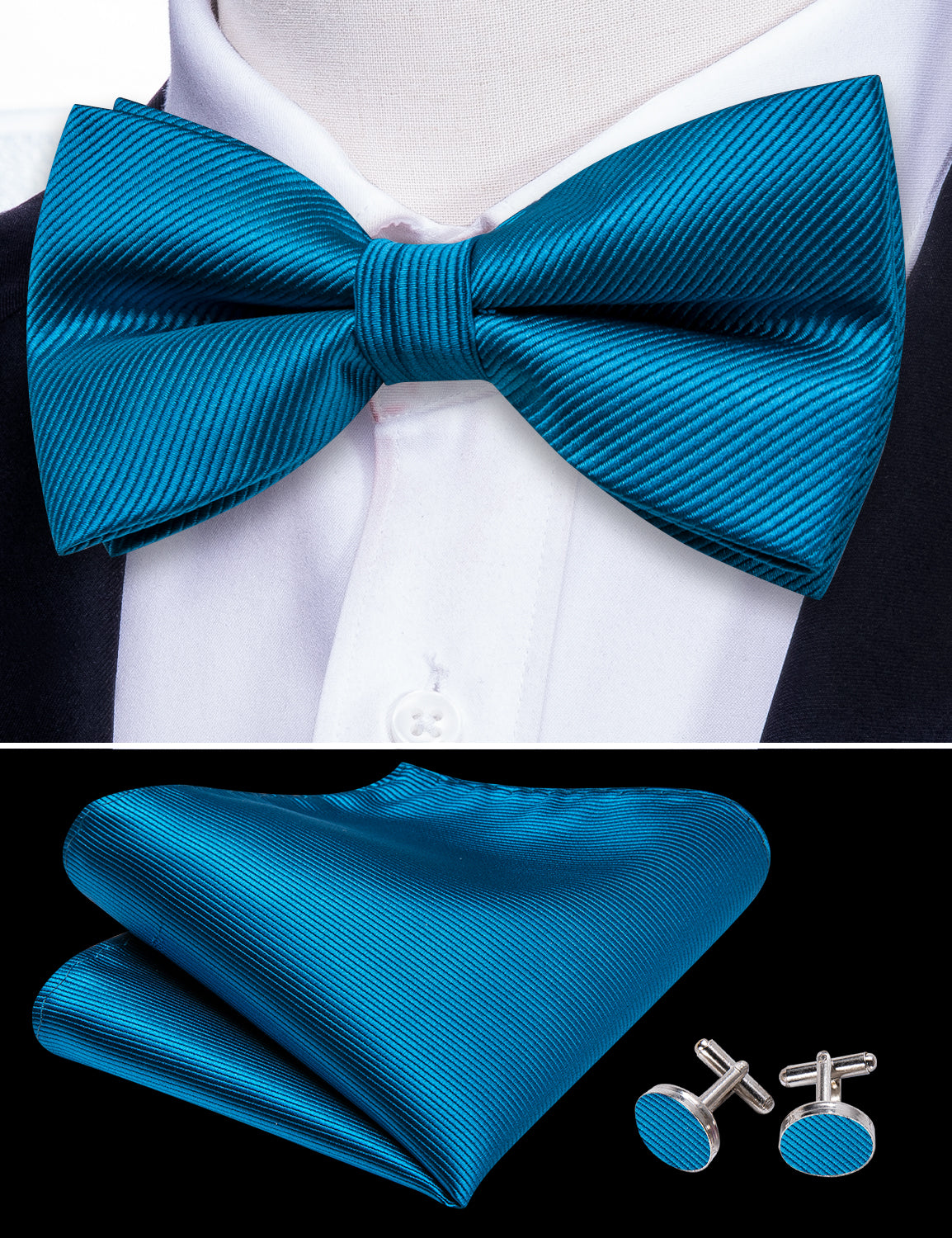 Sky Blue Solid Pre-tied Bow Tie Hanky Cufflinks Set