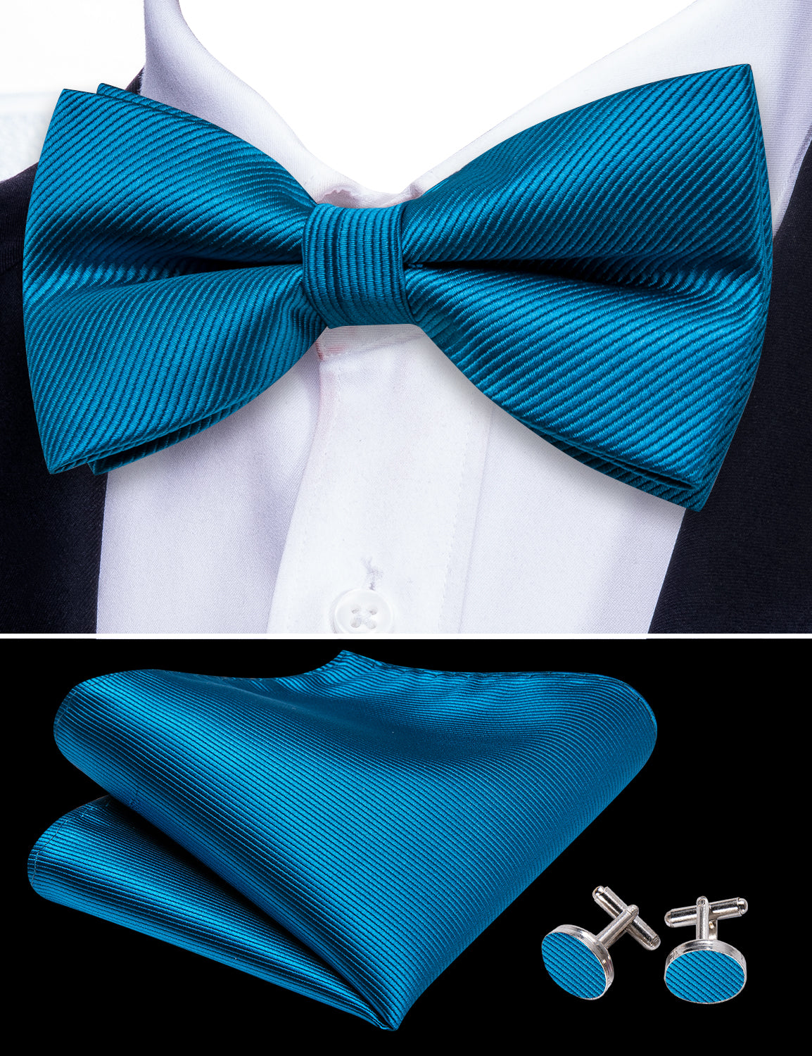 Sky Blue Solid Pre-tied Bow Tie Hanky Cufflinks Set