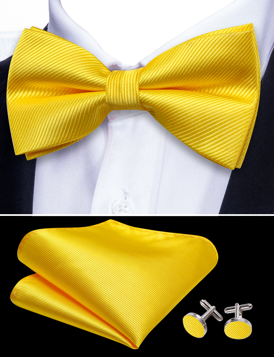 Yellow Solid Pre-tied Bow Tie Hanky Cufflinks Set
