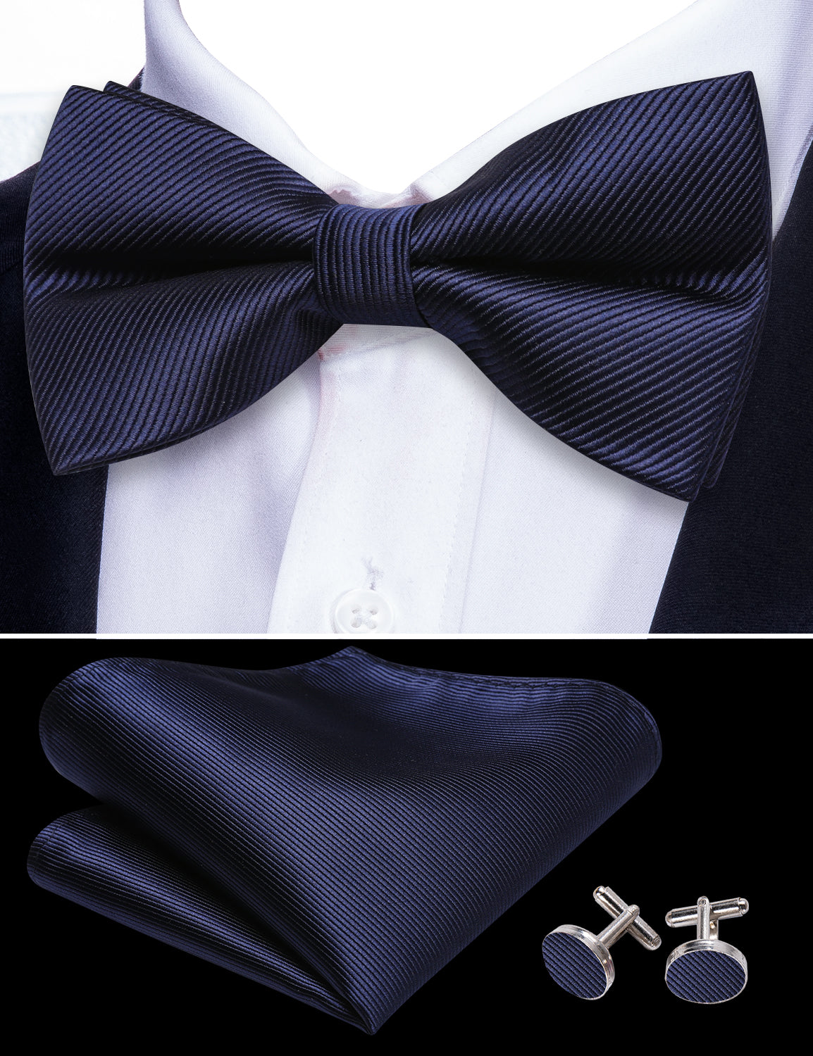 Salvia Blue Solid Pre-tied Bow Tie Hanky Cufflinks Set