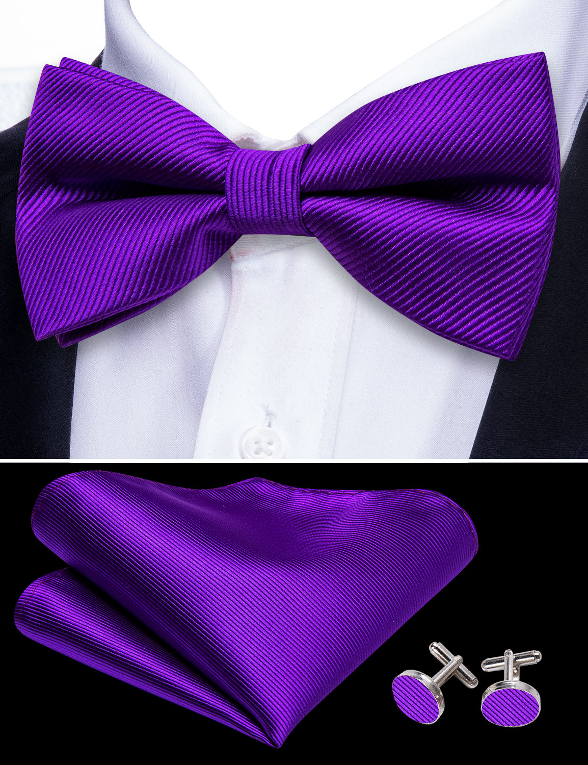Hyacinth Solid Pre-tied Bow Tie Hanky Cufflinks Set