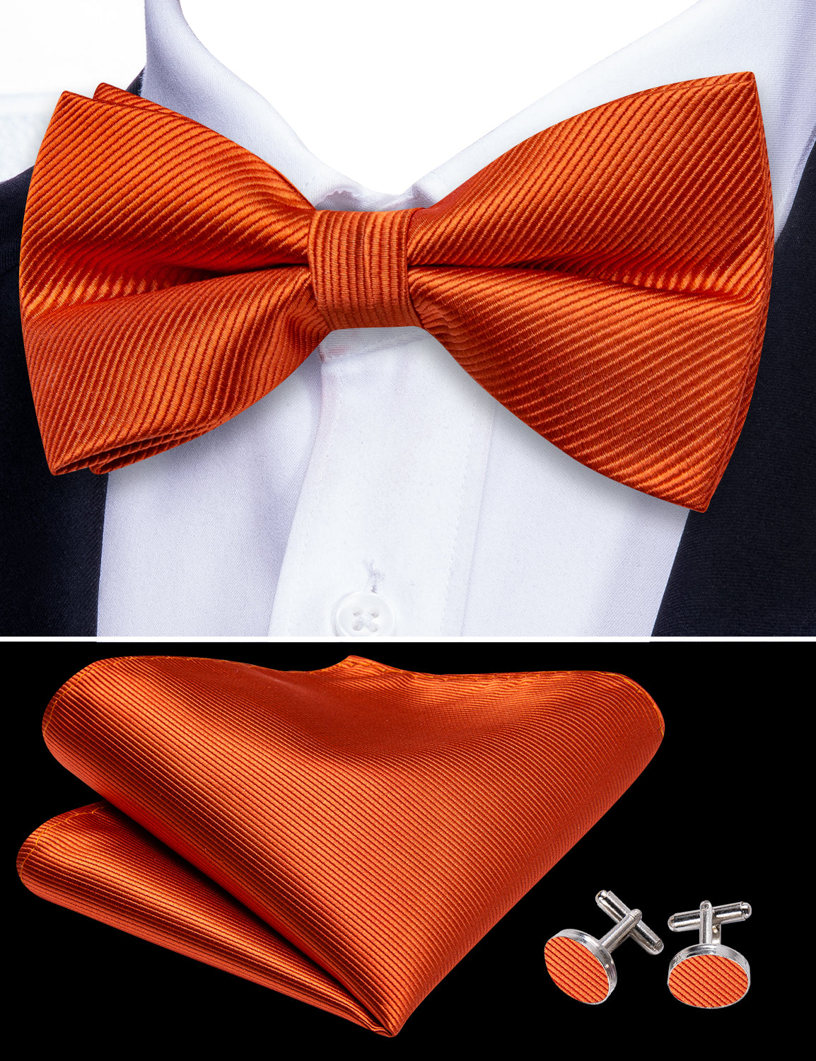 Burnt Orange Solid Pre-tied Bow Tie Hanky Cufflinks Set