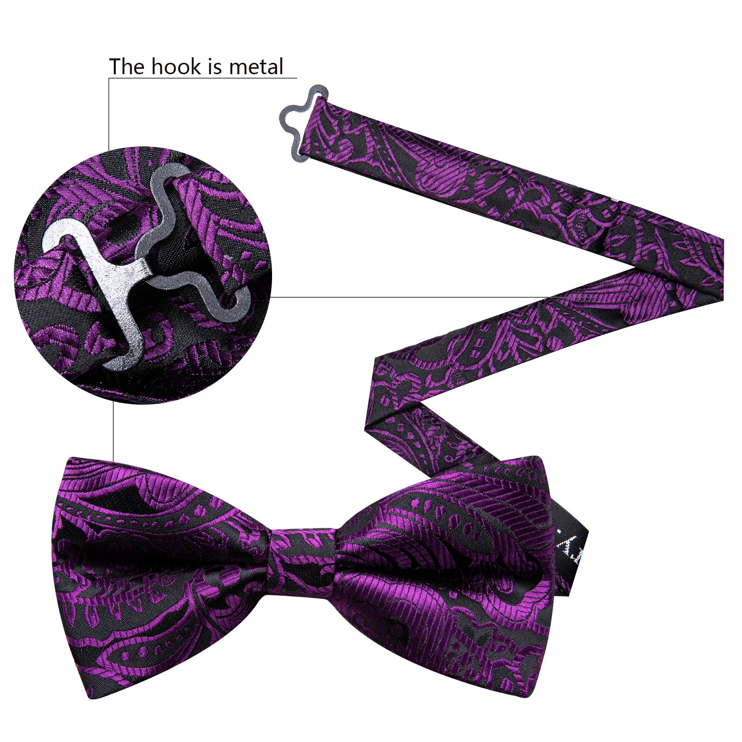 Beautiful Black Purple Paisley Pre-tied Bow Tie Hanky Cufflinks Set