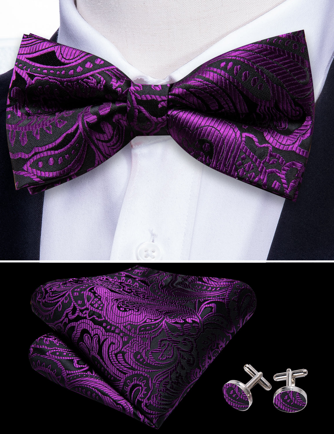 Beautiful Black Purple Paisley Pre-tied Bow Tie Hanky Cufflinks Set