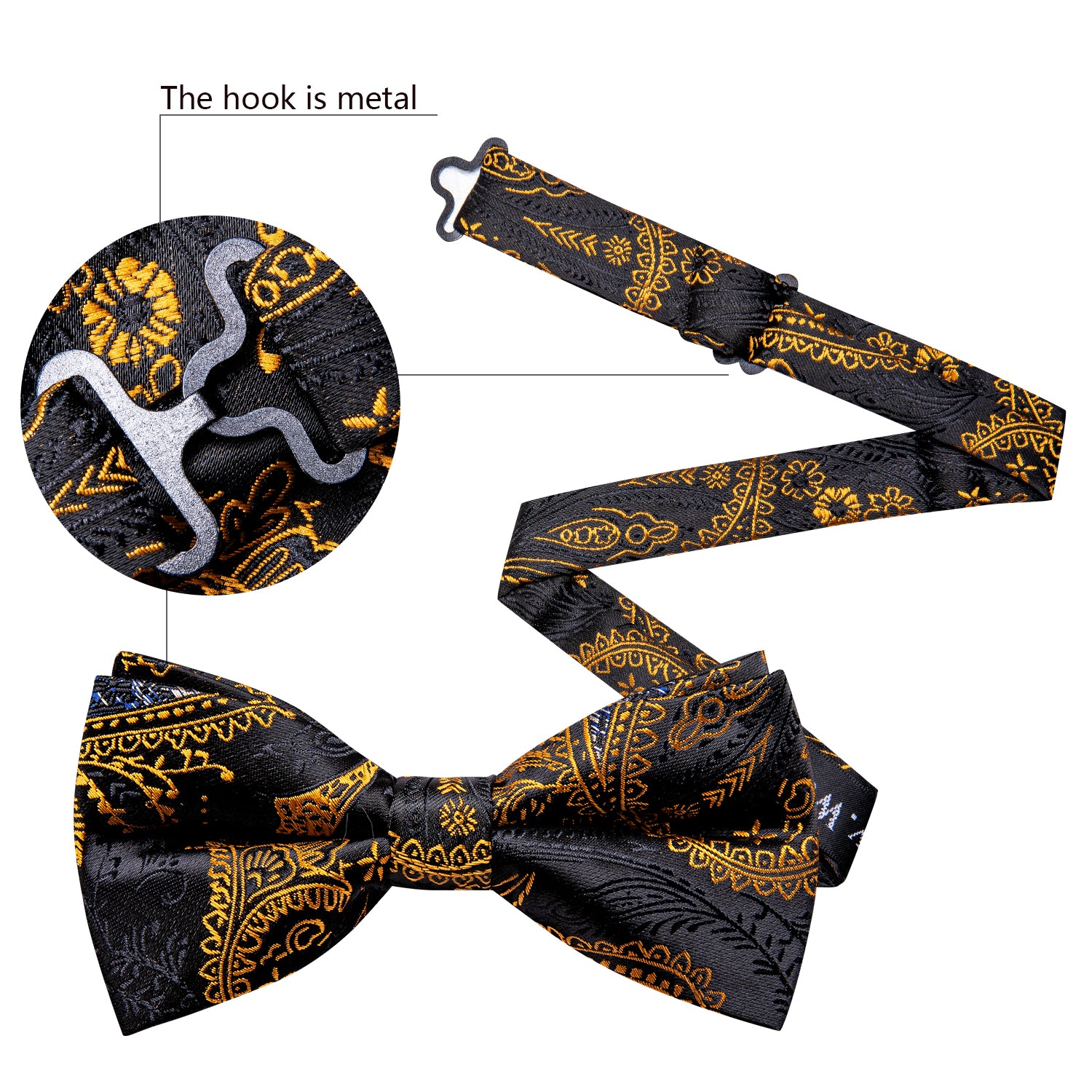 Beautiful Black Gold Paisley Pre-tied Bow Tie Hanky Cufflinks Set