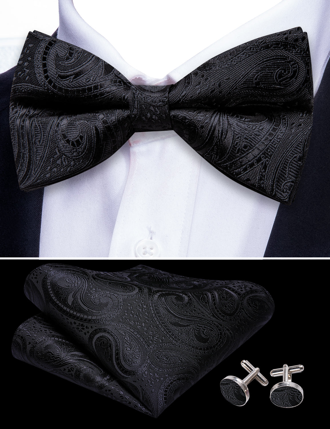 Fashion Black Paisley Pre-tied Bow Tie Hanky Cufflinks Set