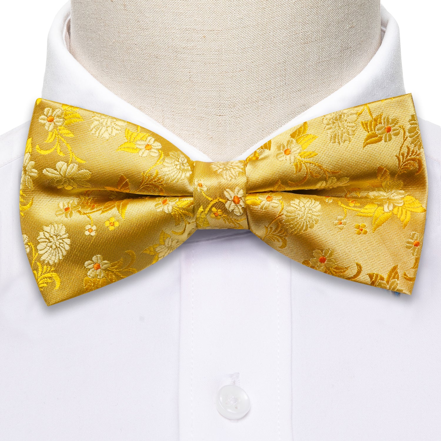 Gold Floral Pre-tied Bow Tie Hanky Cufflinks Set