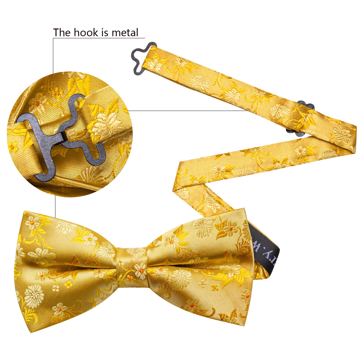 Gold Floral Pre-tied Bow Tie Hanky Cufflinks Set