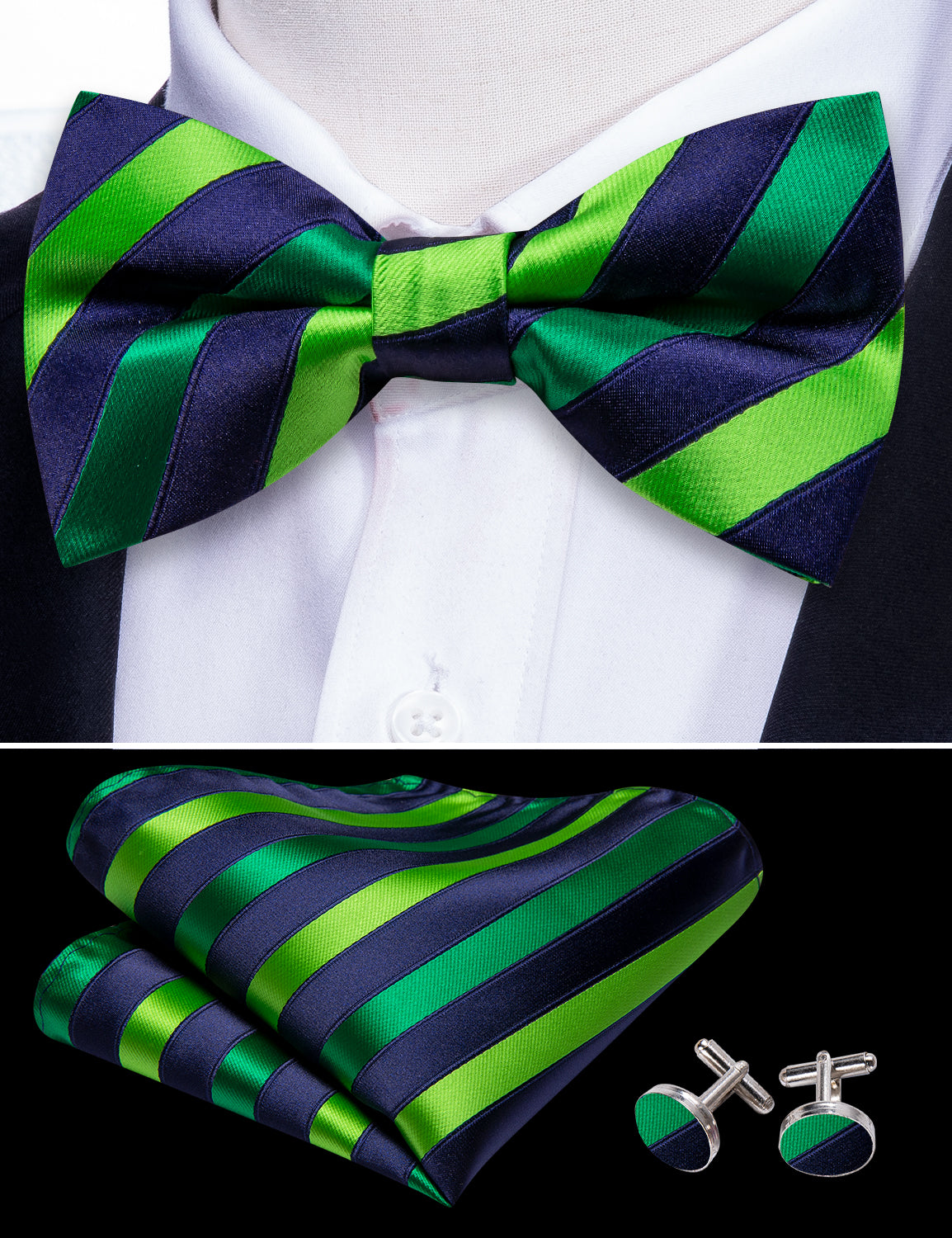 Blue Green Striped Pre-tied Bow Tie Hanky Cufflinks Set