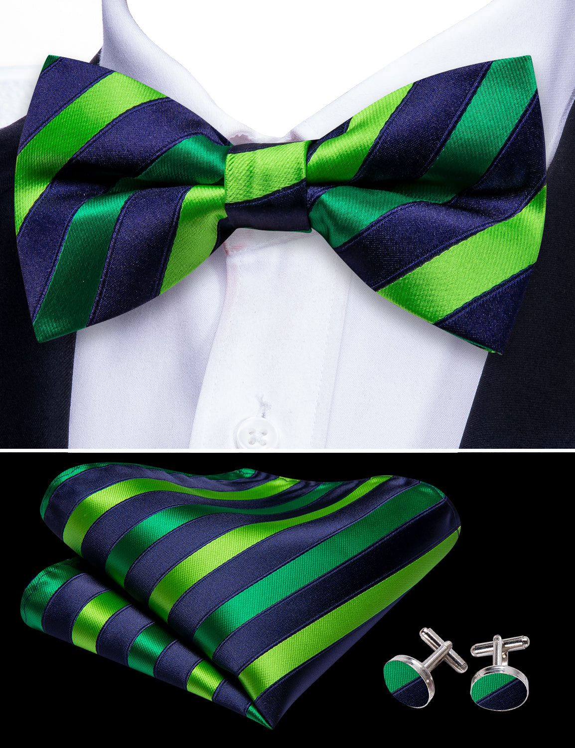 Blue Green Striped Pre-tied Bow Tie Hanky Cufflinks Set
