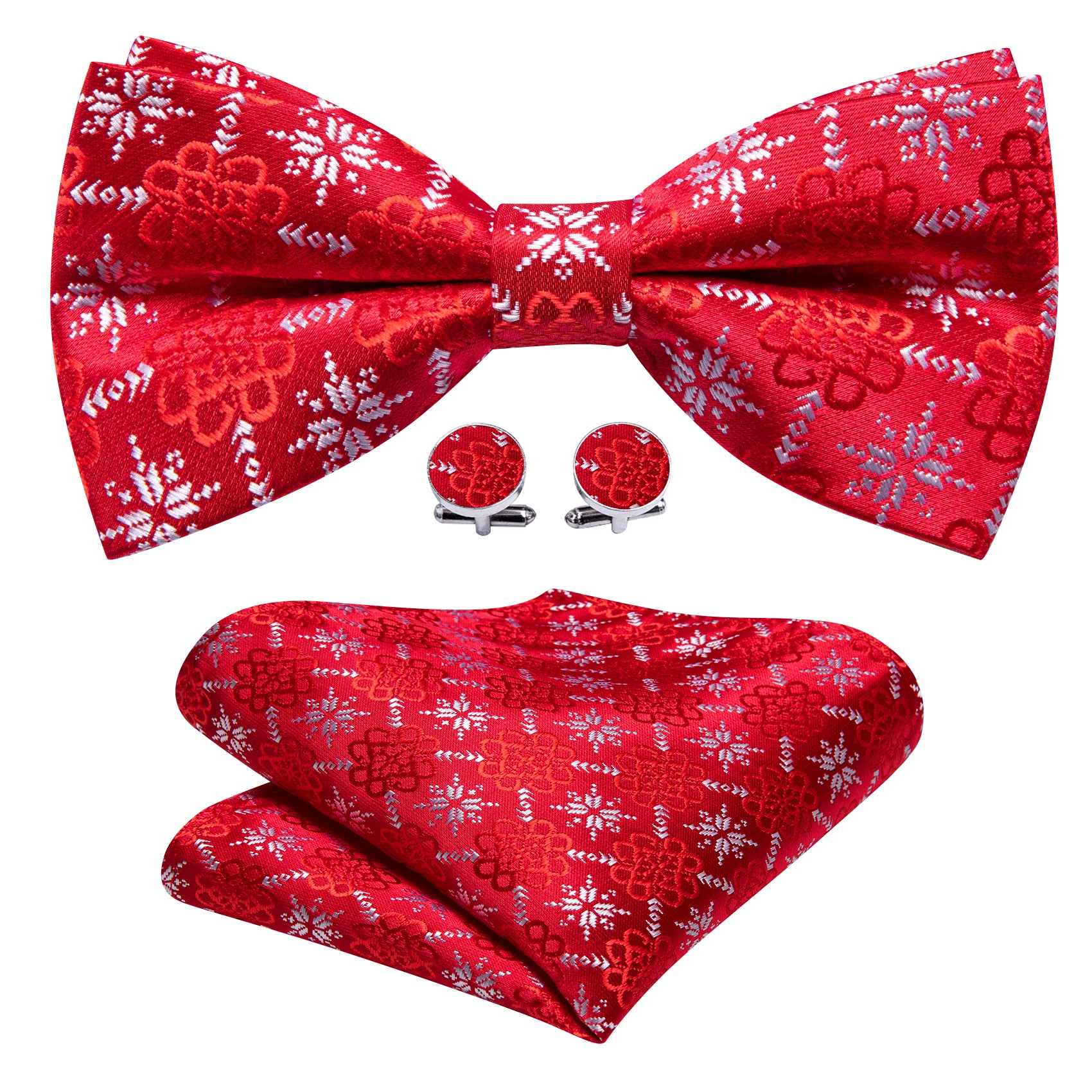 Christmas Red White Xmas Snowflake Silk Bow Tie Hanky Cufflinks Set