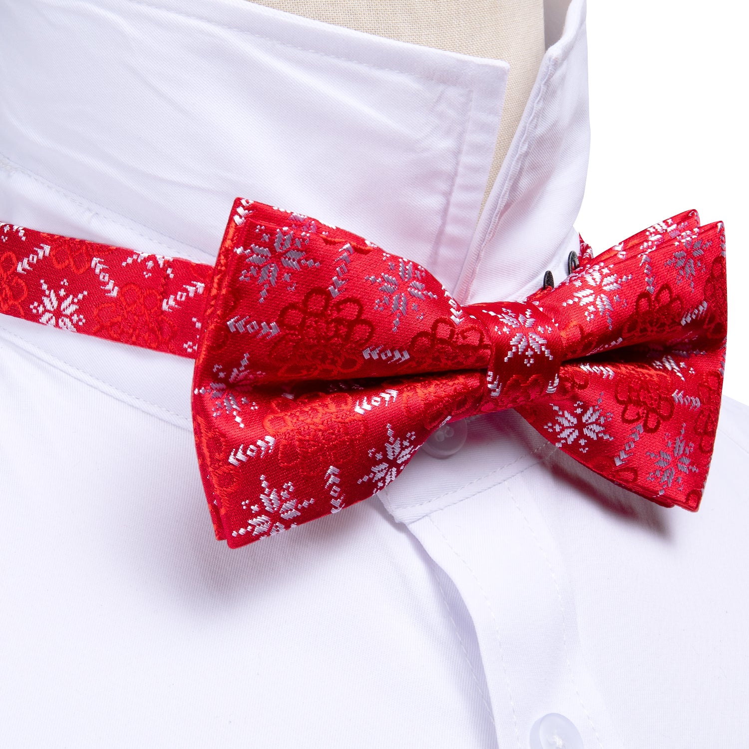 Christmas Red White Xmas Snowflake Silk Bow Tie Hanky Cufflinks Set