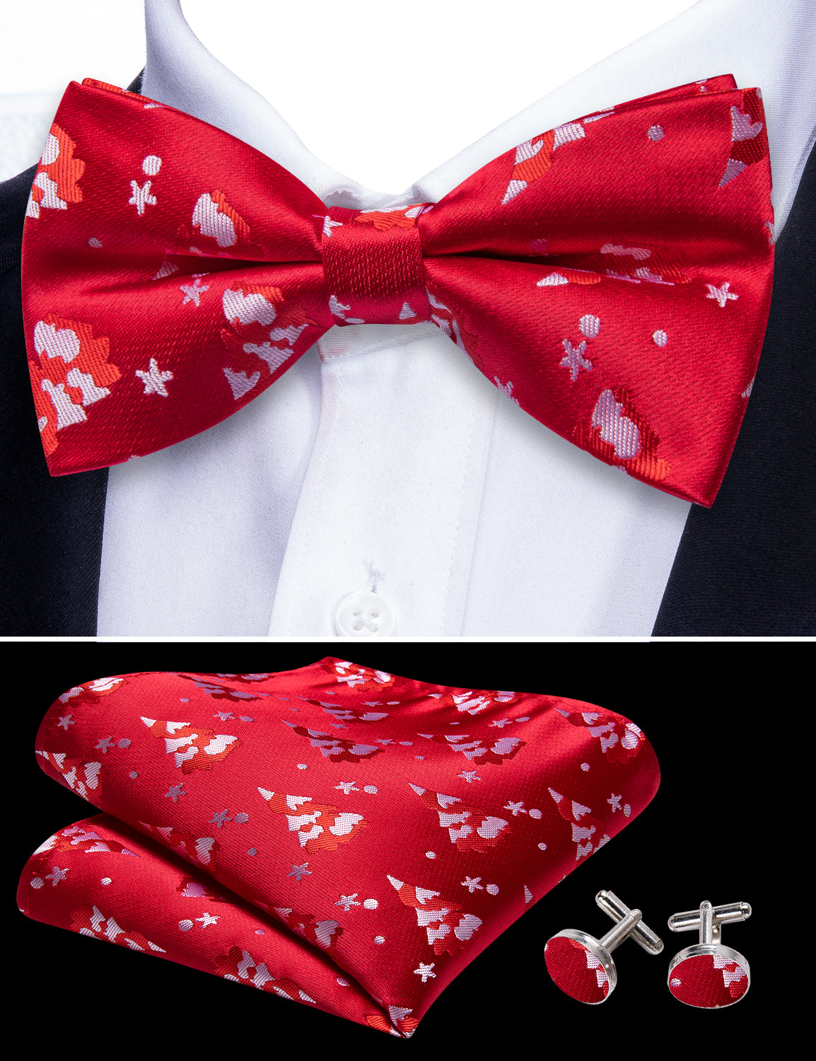 Christmas Red White Xmas Tree Silk Bow Tie Hanky Cufflinks Set