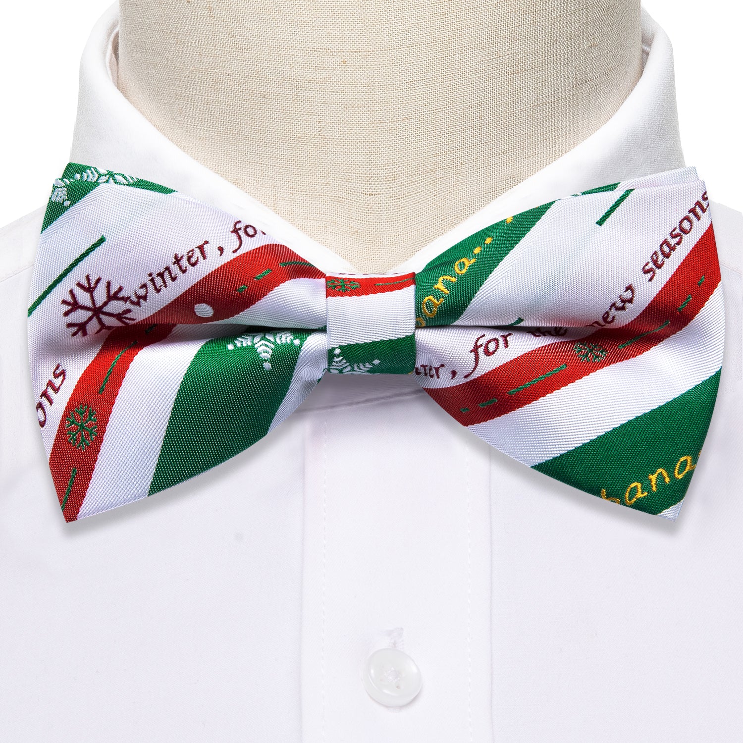 Christmas White Green Xmas Pattern Pre Tied Bow Tie Hanky Cufflinks Set
