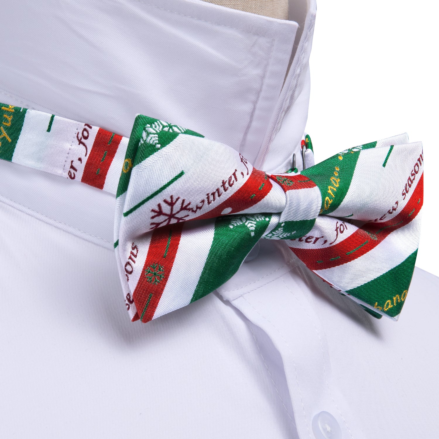 Christmas White Green Xmas Pattern Pre Tied Bow Tie Hanky Cufflinks Set