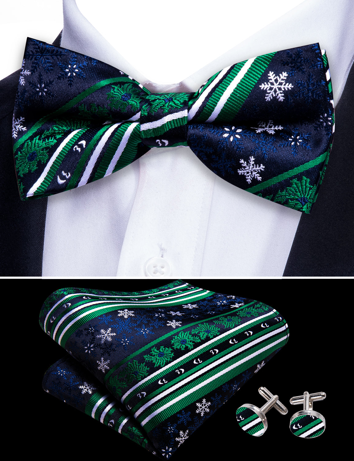 Christmas Blue Green Snowflake Silk Bow Tie Hanky Cufflinks Set