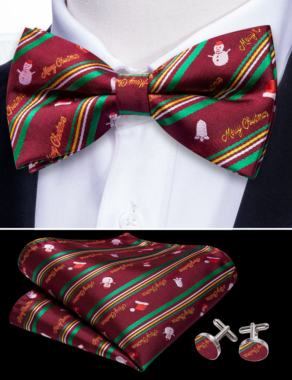 Christmas Green Red Xmas Snowman Pre Tied Bow Tie Hanky Cufflinks Set