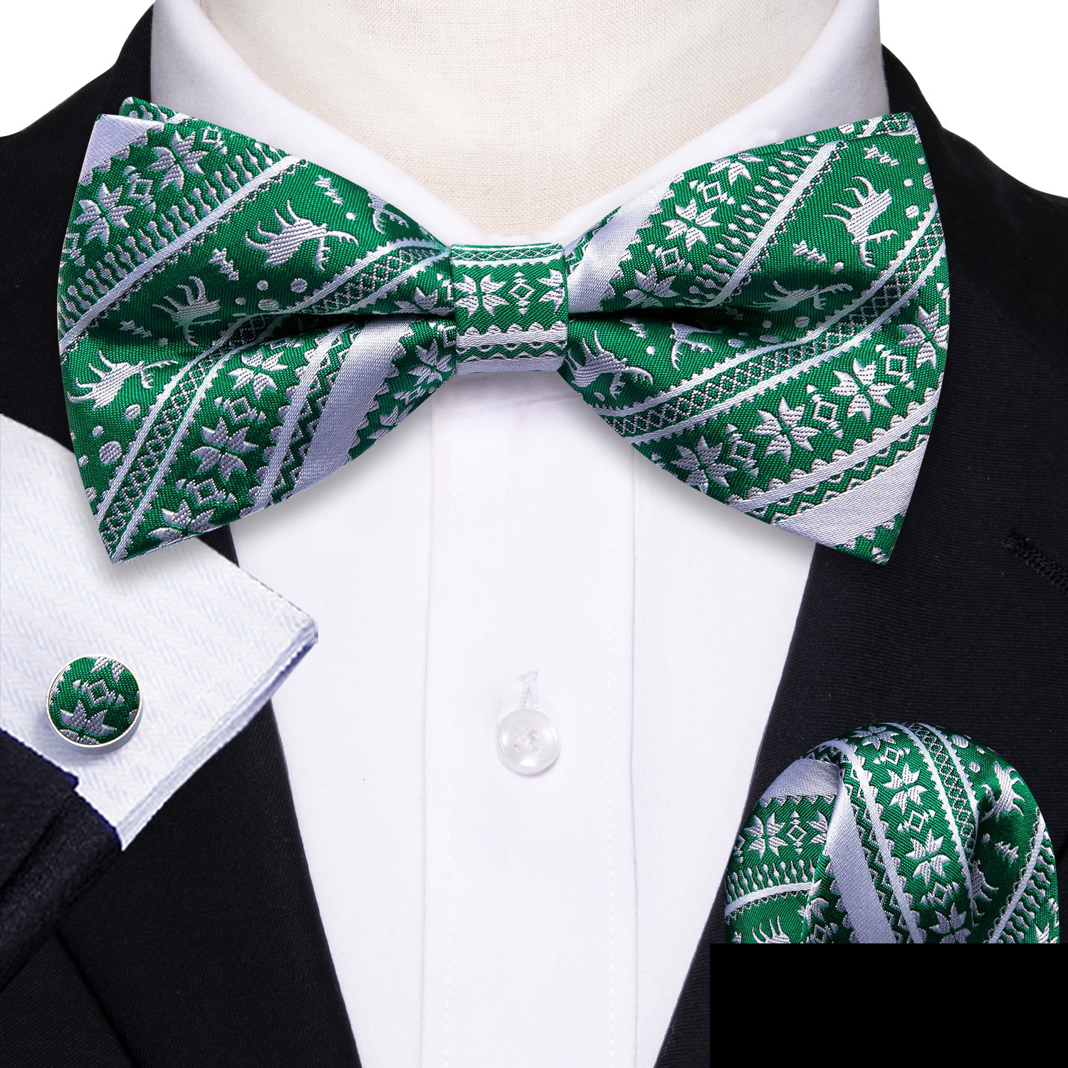 Barry.wang Christmas Tie Green White Xmas Elk Pre Tied Bow Tie Hanky Cufflinks Set