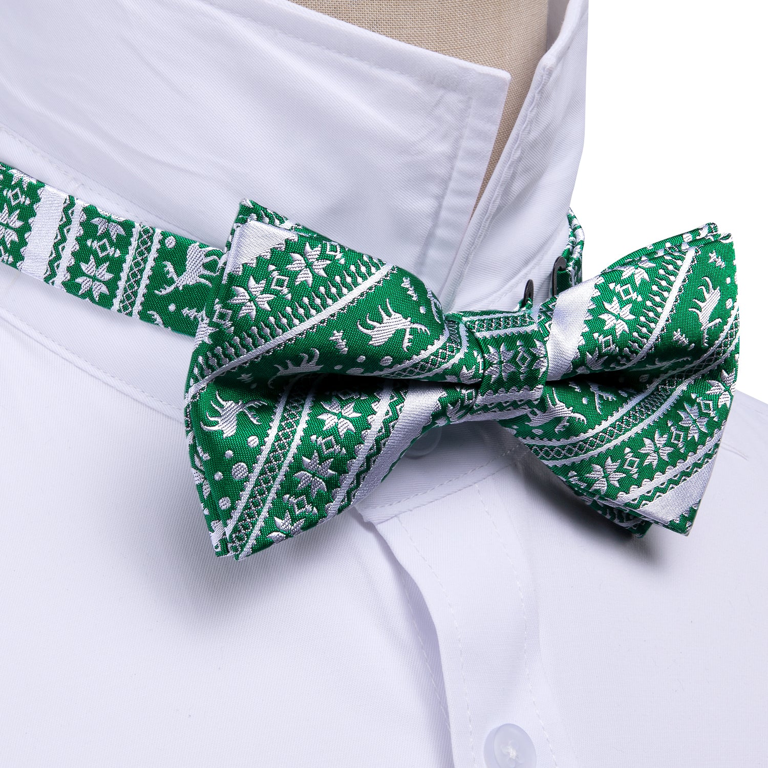 Christmas Green White Xmas Elk Pre Tied Bow Tie Hanky Cufflinks Set