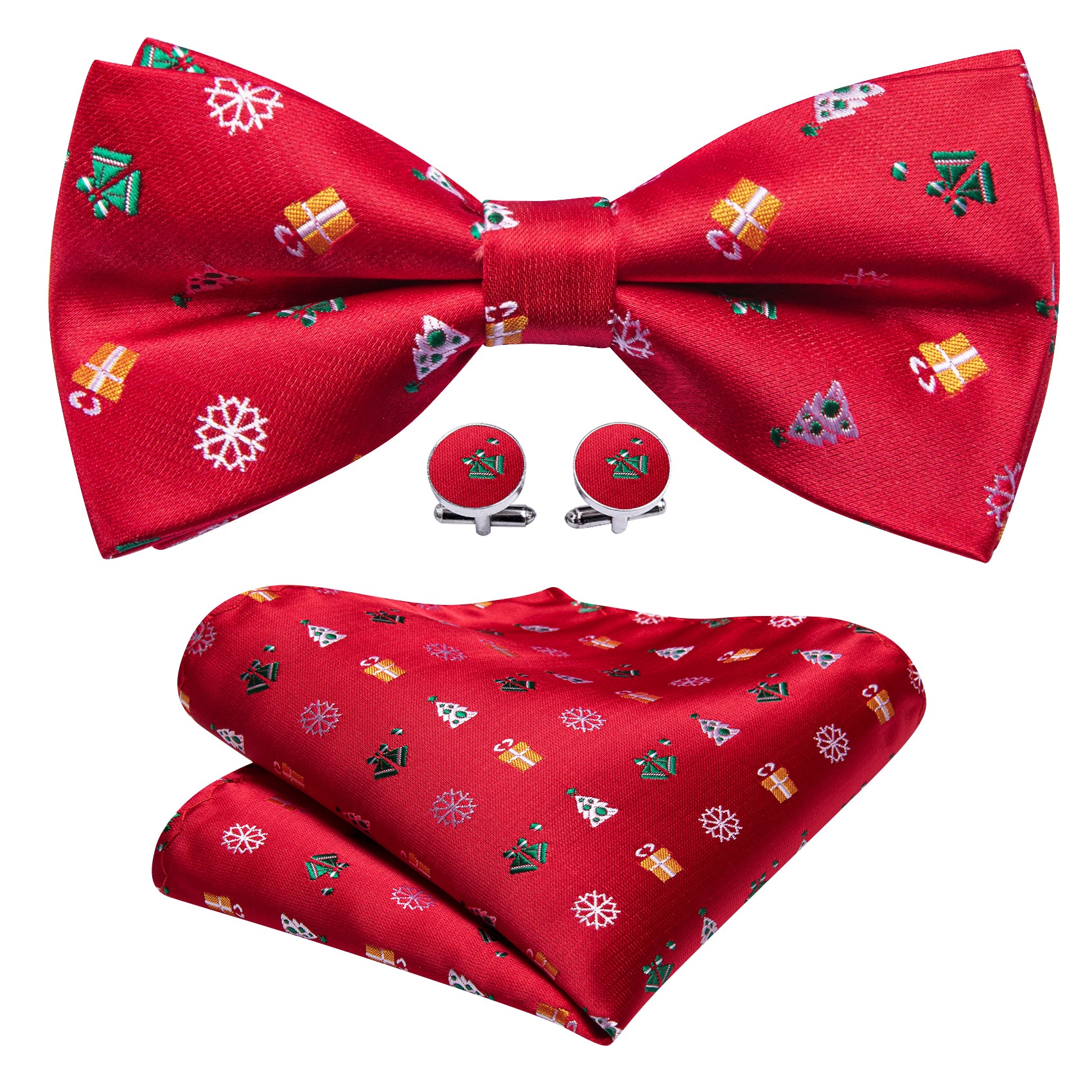 Christmas Red Xmas Pattern Pre Tied Bow Tie Hanky Cufflinks Set