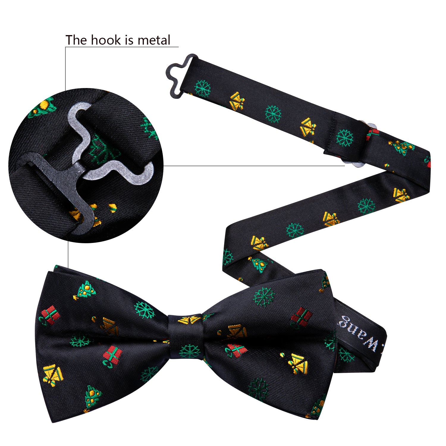 Christmas Black Xmas Pattern Pre Tied Bow Tie Hanky Cufflinks Set