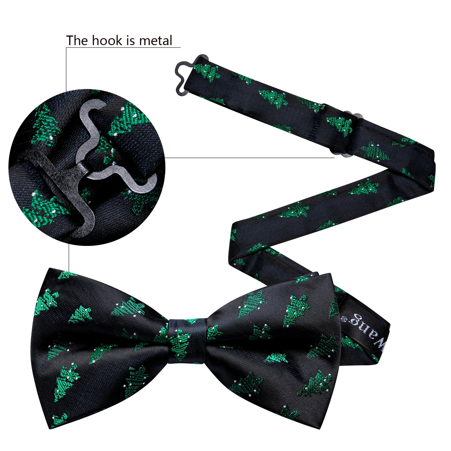 Christmas Black Green Xmas Tree Pre Tied Bow Tie Hanky Cufflinks Set