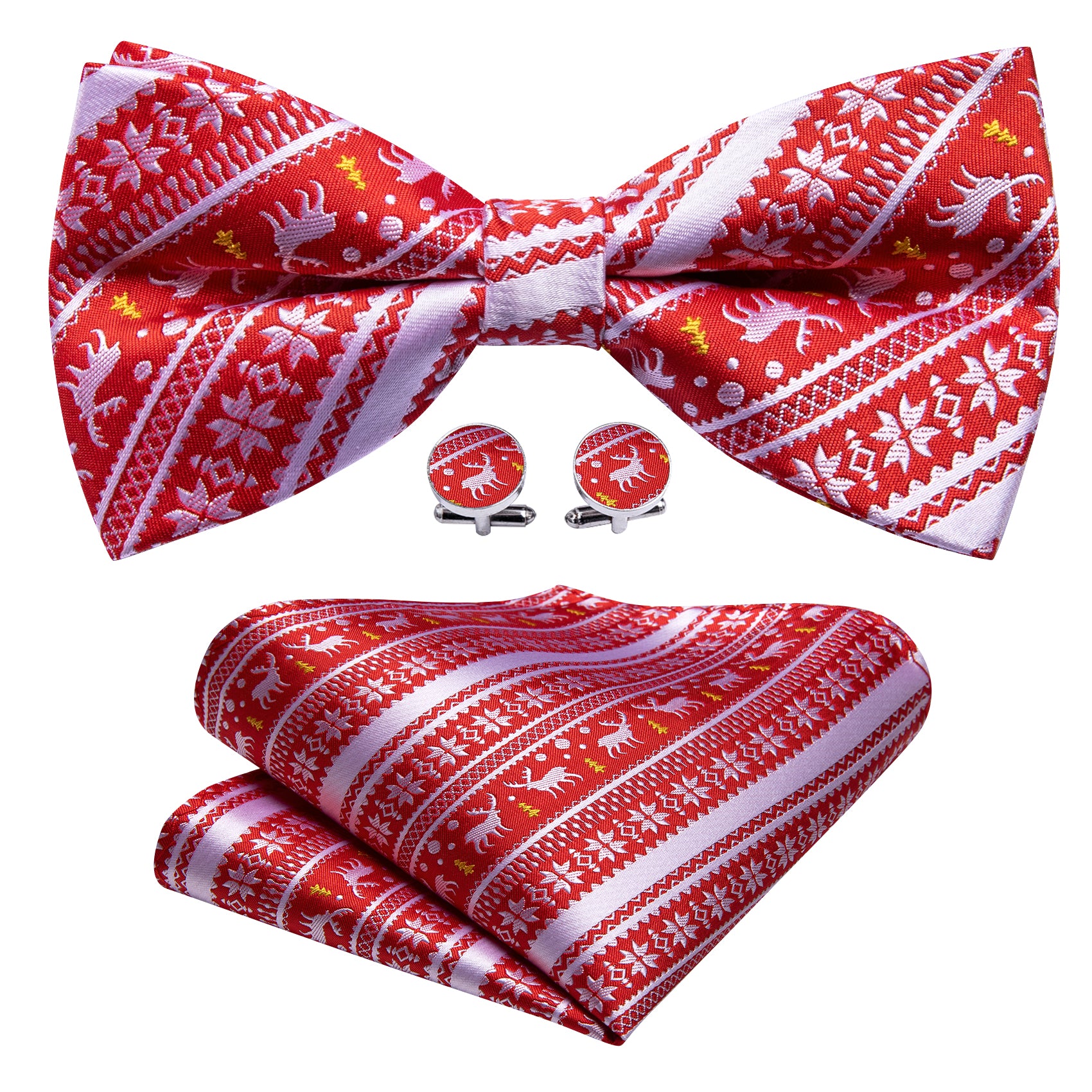 Christmas Red White Xmas Elk Pre Tied Bow Tie Hanky Cufflinks Set