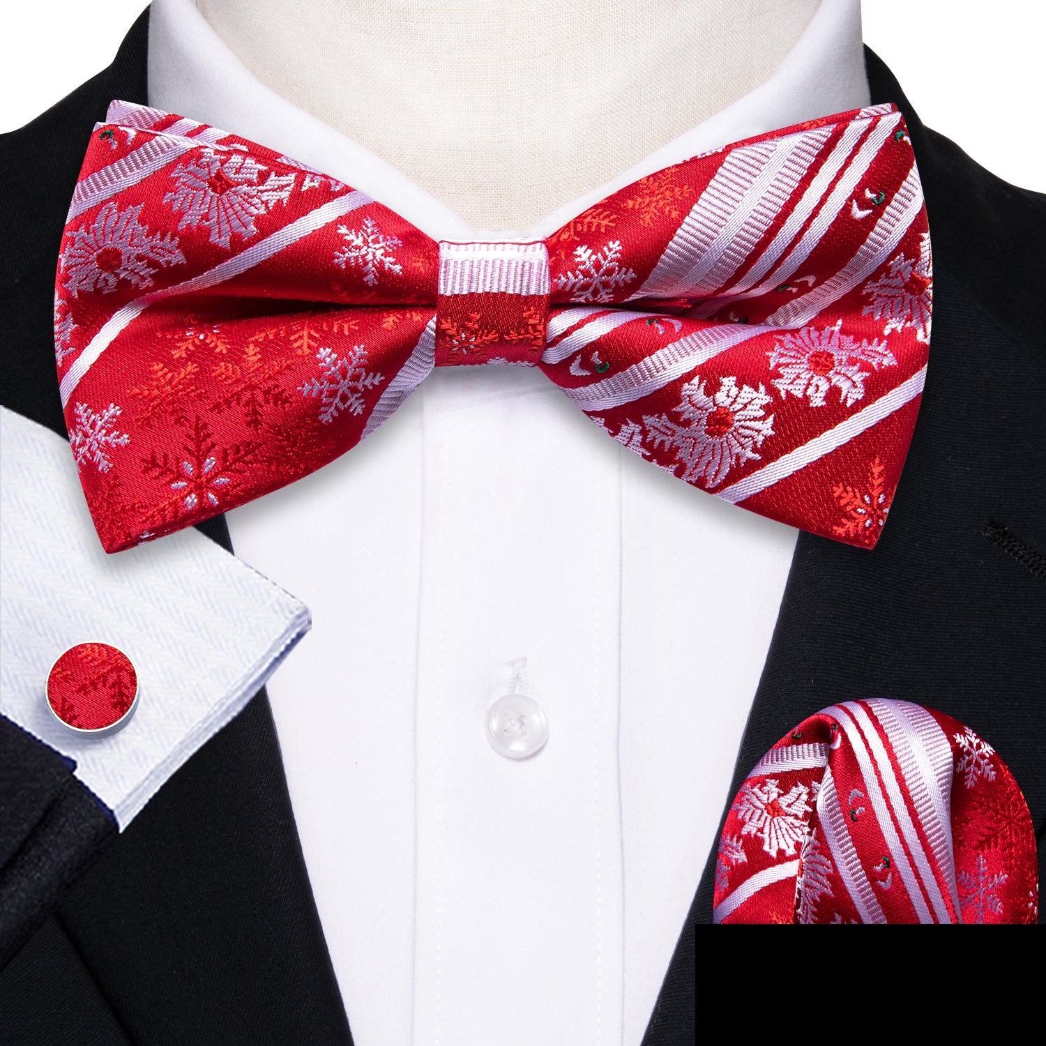 Christmas Red White Xmas Snowflake Pre Tied Bow Tie Hanky Cufflinks Set