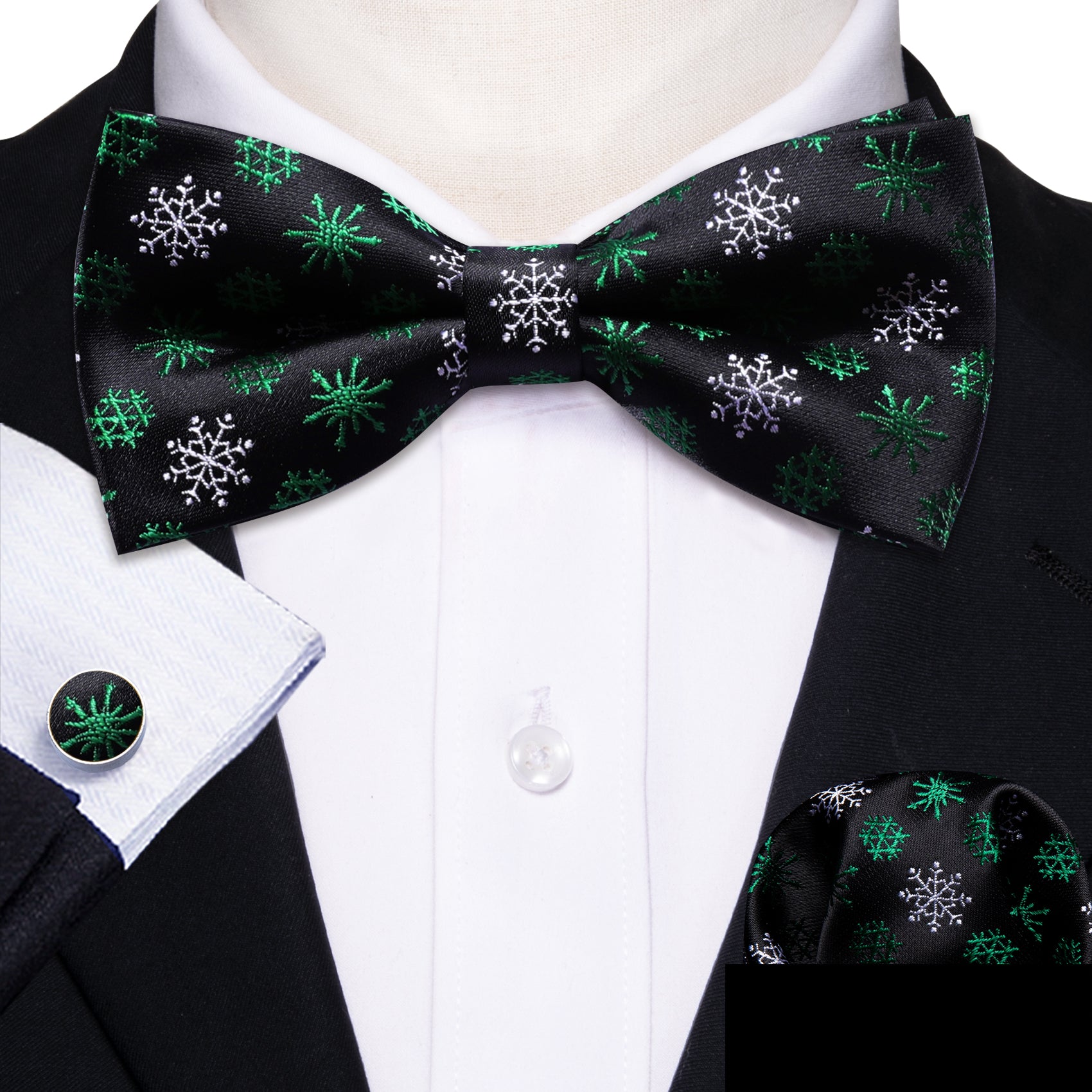 Christmas Black White Snowflake Pre Tied Bow Tie Hanky Cufflinks Set