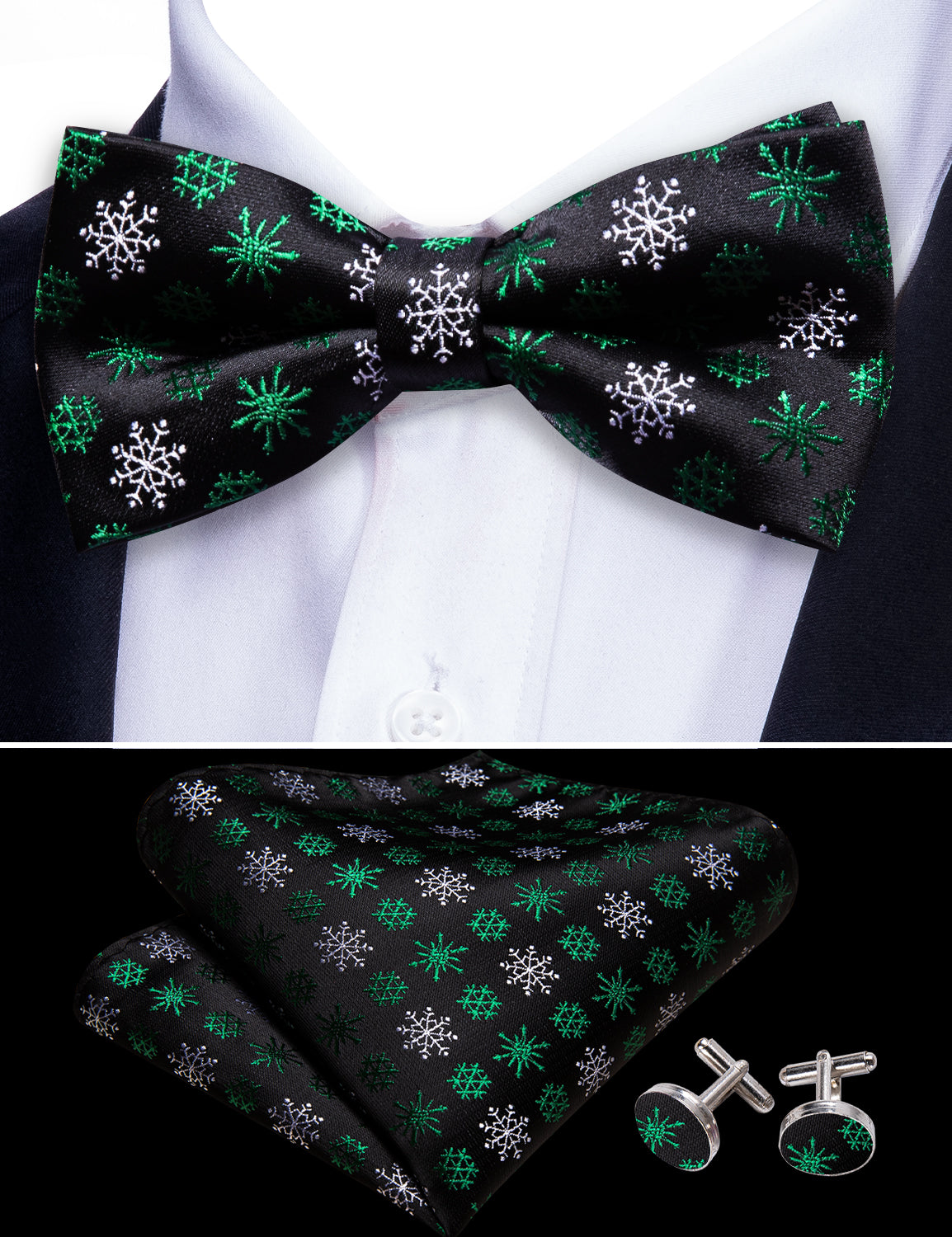 Christmas Black White Snowflake Pre Tied Bow Tie Hanky Cufflinks Set