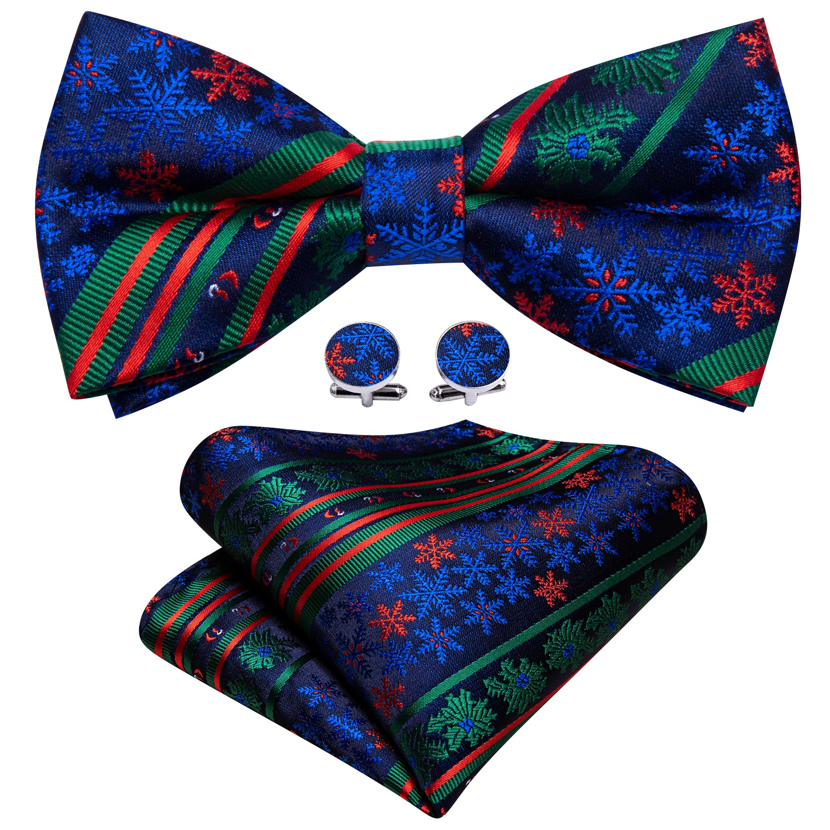 Christmas Blue Green Xmas Pattern Pre Tied Bow Tie Hanky Cufflinks Set