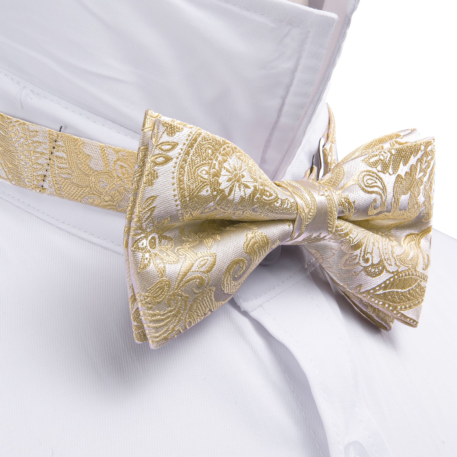 Cream Color Paisley Pre-tied Bow Tie Hanky Cufflinks Set