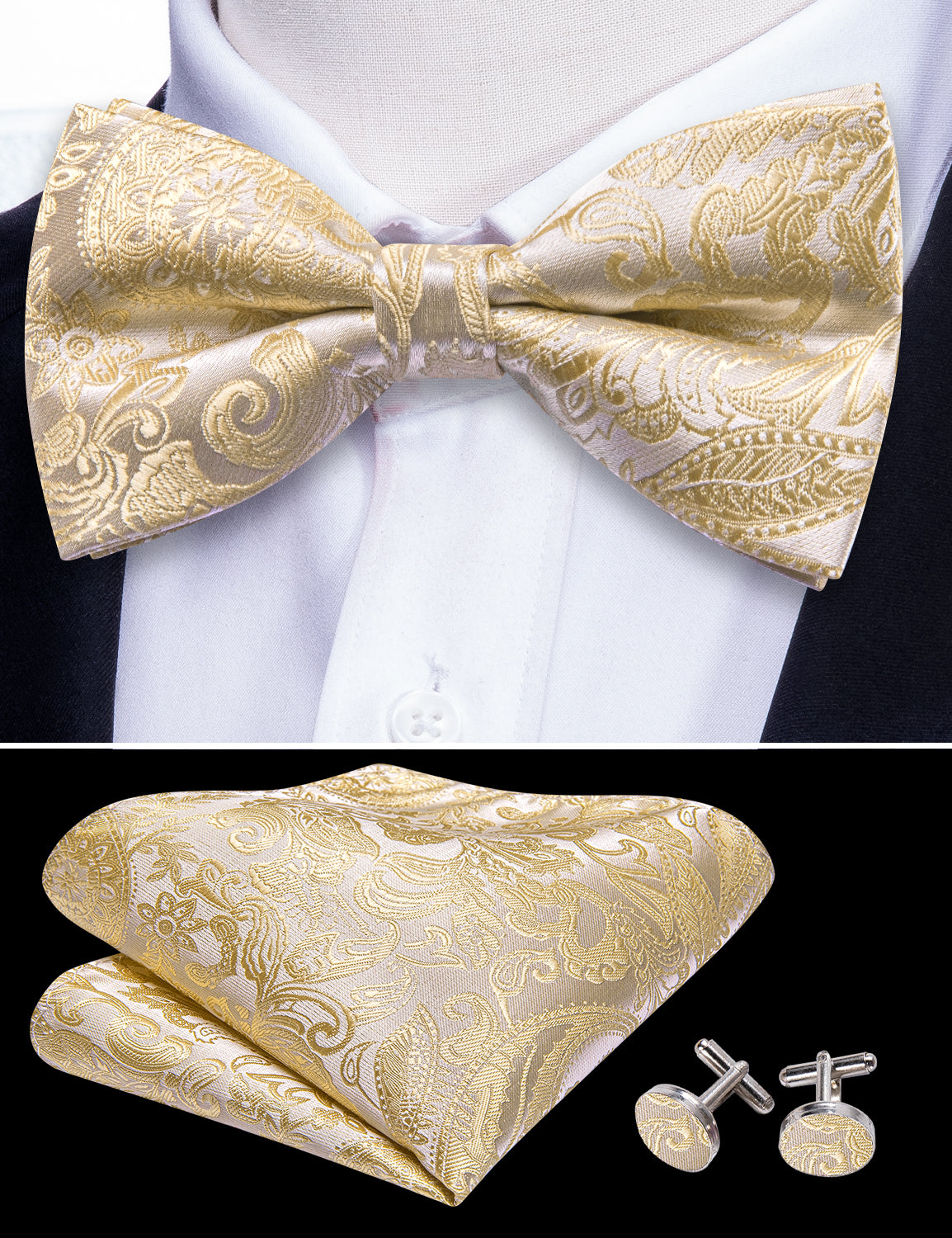 Cream Color Paisley Pre-tied Bow Tie Hanky Cufflinks Set
