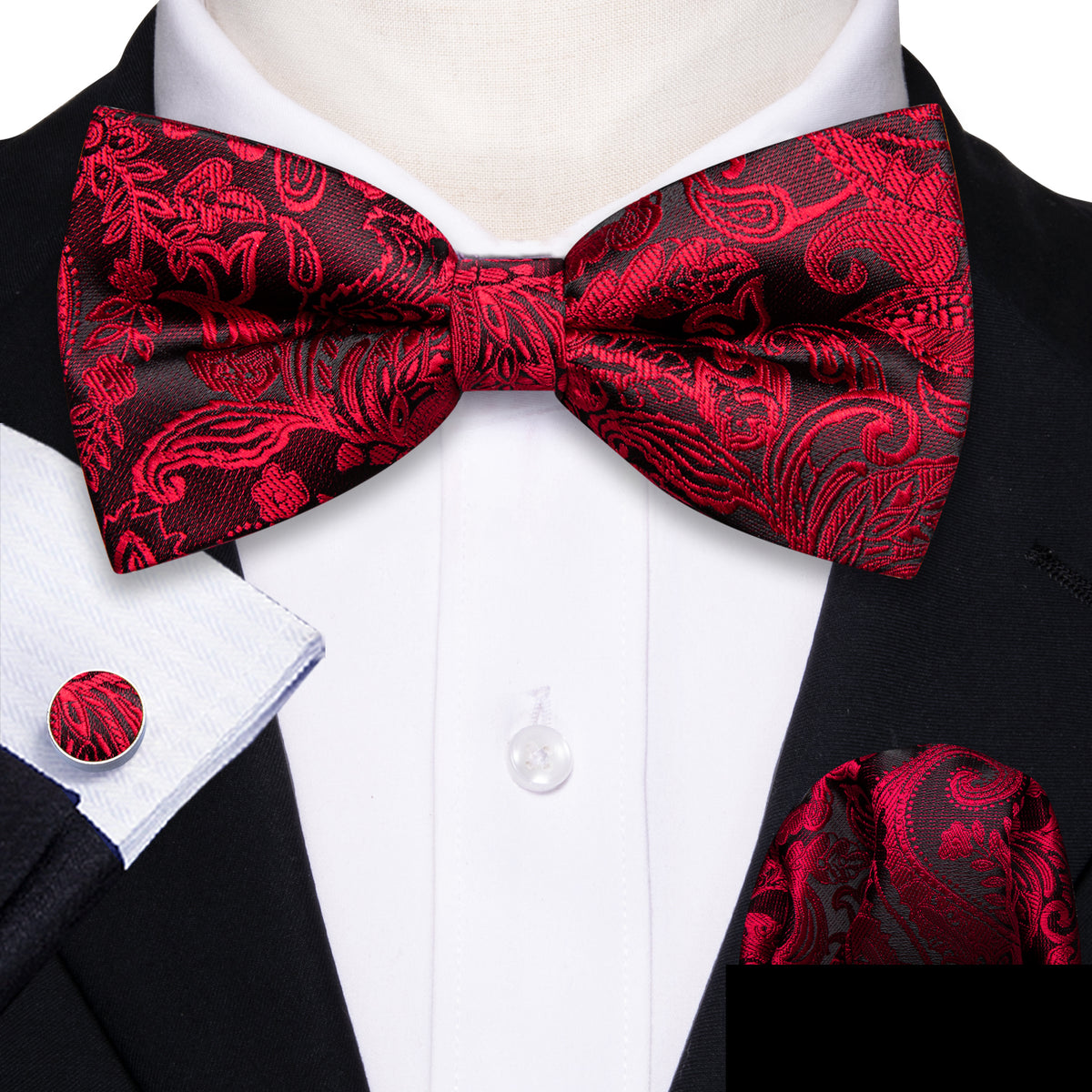 Men's Paisley Cummerbund & Bow Tie Set - Black/Red With Pocket Square, Adjustable Waist