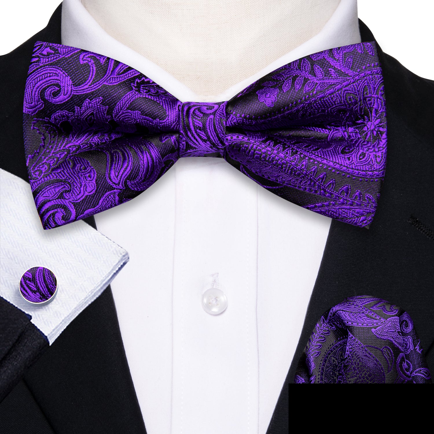 Purple Black Paisley Pre-tied Bow Tie Hanky Cufflinks Set