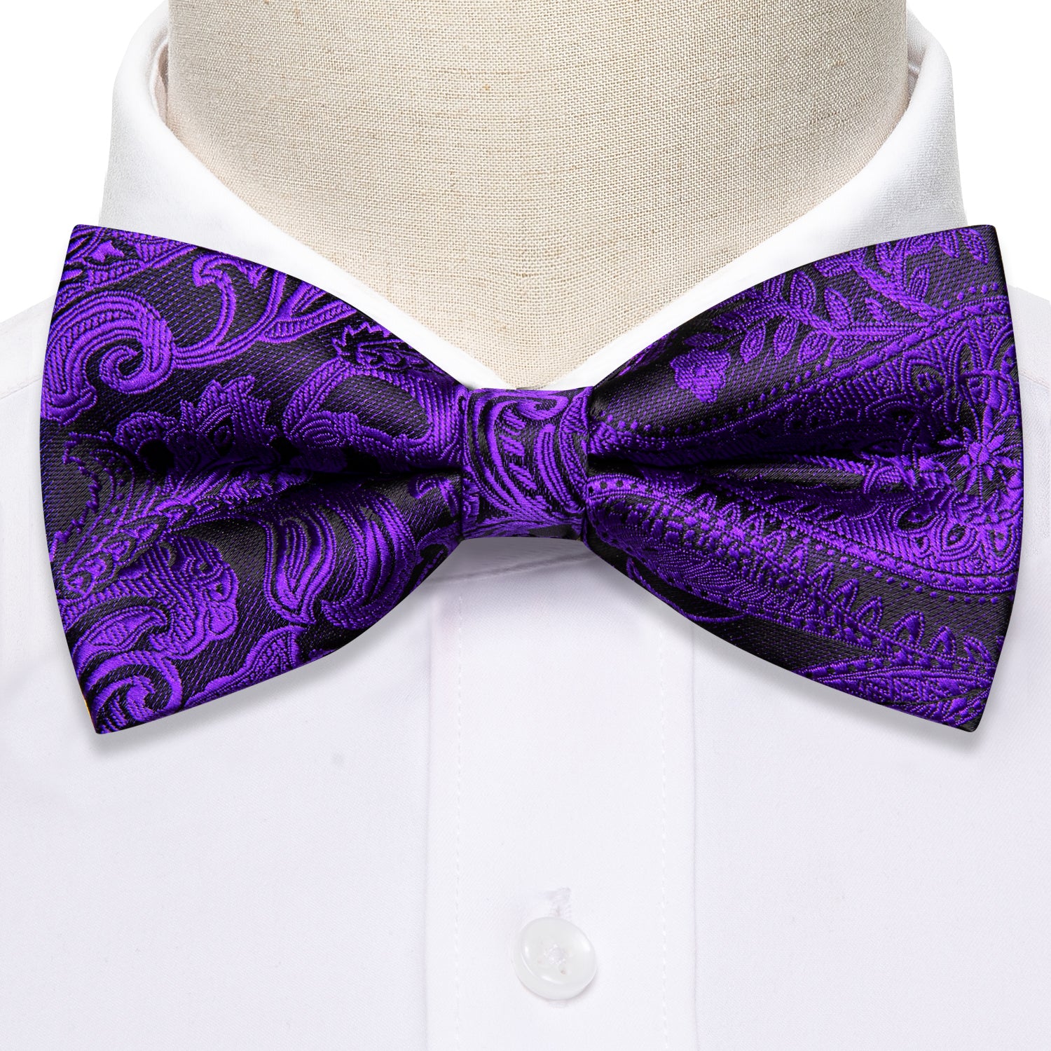 Purple Black Paisley Pre-tied Bow Tie Hanky Cufflinks Set